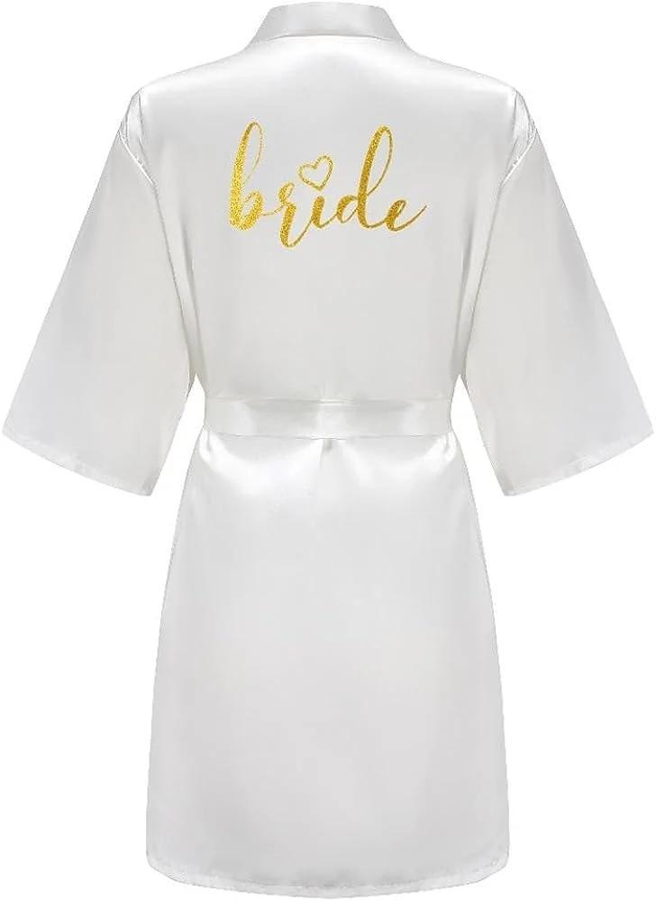 Wedding Party Team Bride Robe Kimono Satin Pajamas Bridesmaid Bathrobe Gold Letter SP093