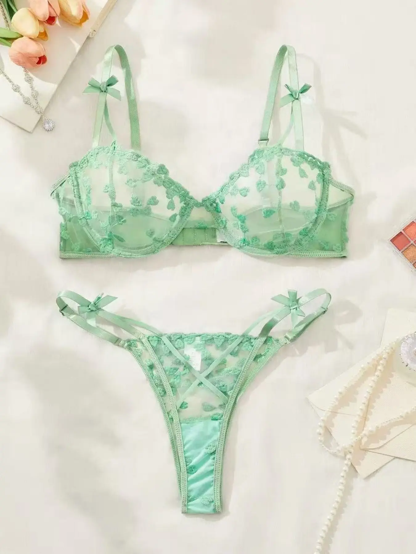 2 Piece Set Embroidered Mesh Sexy Underwear Women Set with Wire Bra and Adjustable G String, Comfortably Fitted, Max Support, All Season