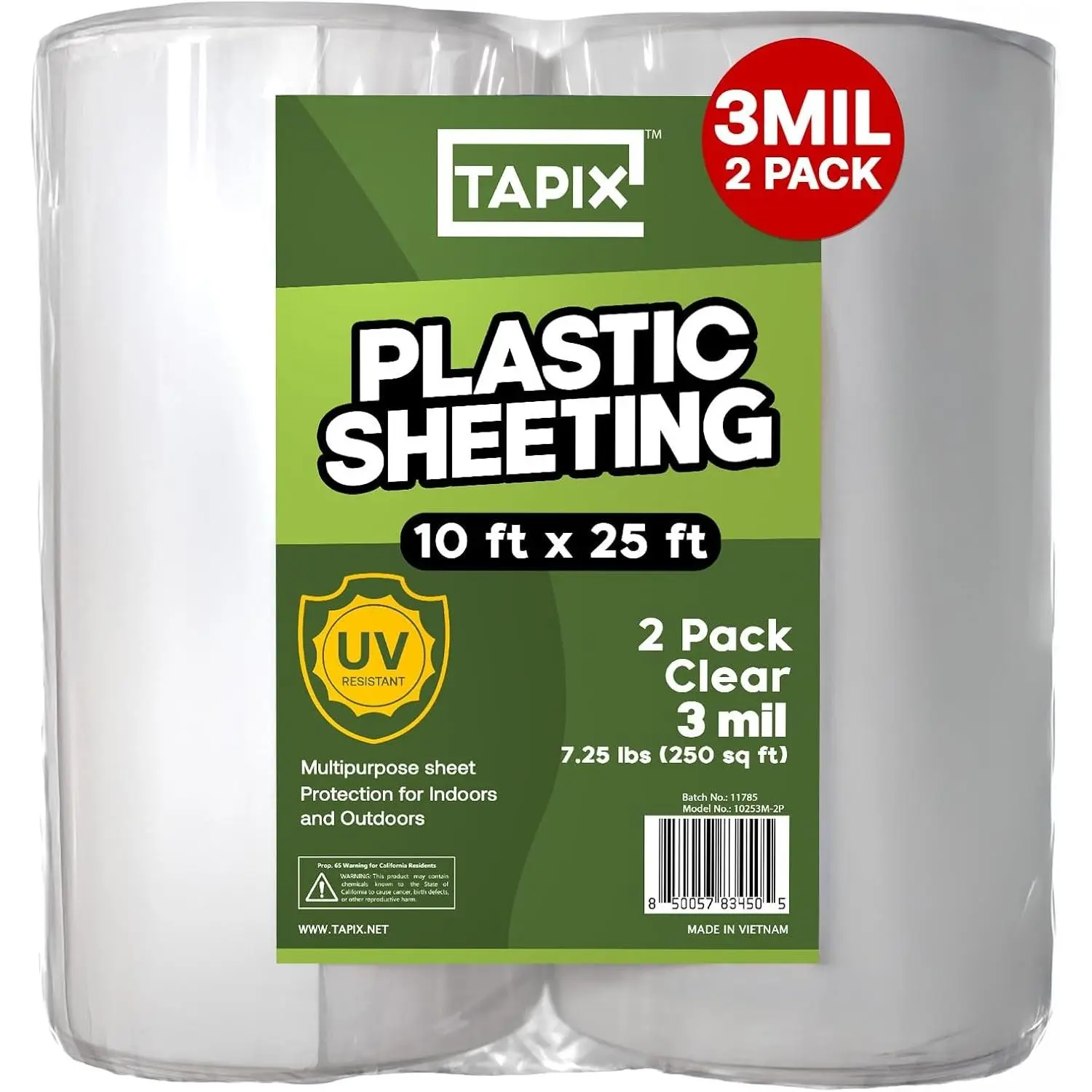 Heavy-Duty Plastic Sheeting Sheets Pack, 10'x25' 3 Mil 2-Pack UV-Protected Polyethylene Film for Greenhouses