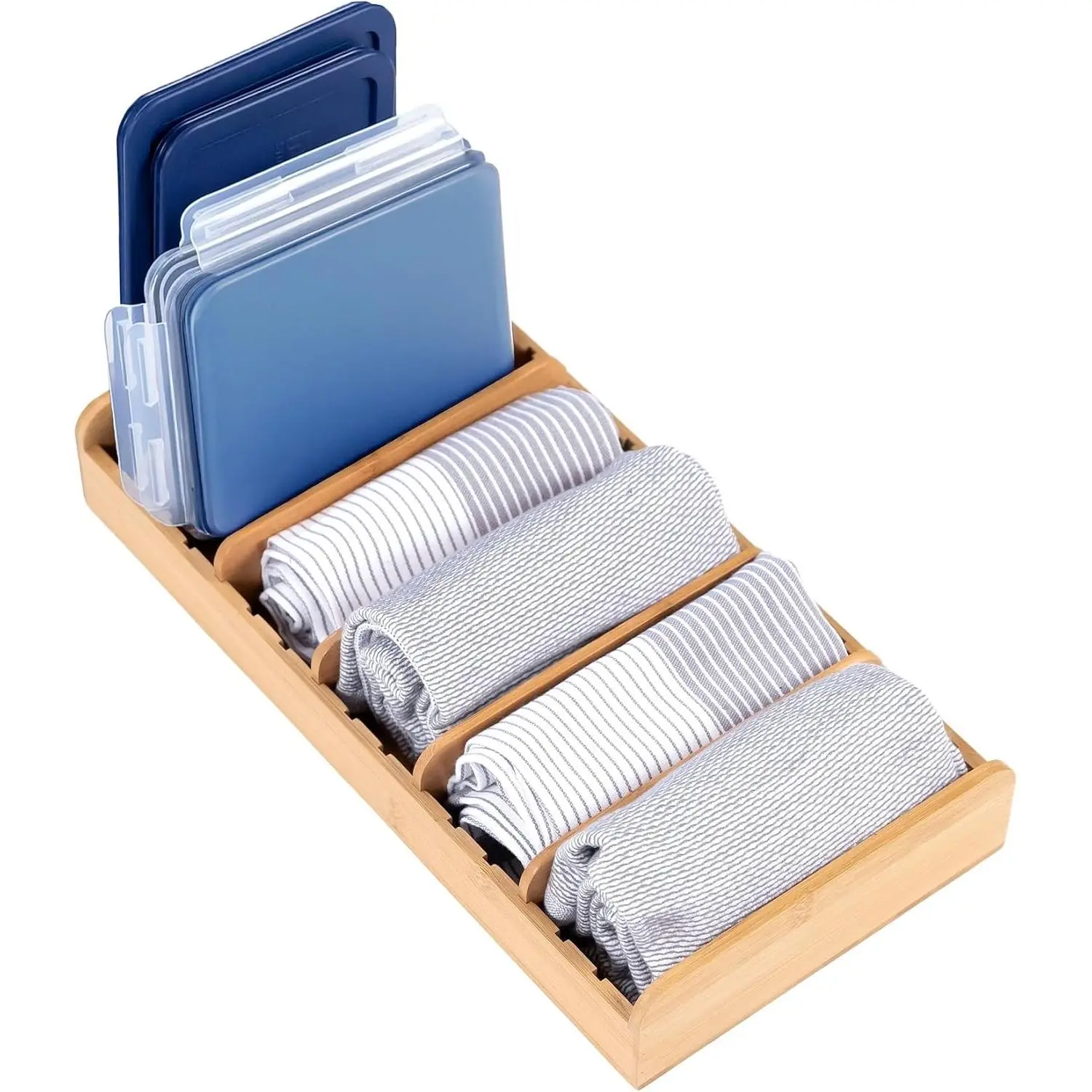 Kitchen Towel and -Storage Organizer,  for Kitchen Drawers, Cabinets, Pantry, 5 Adjustable Wall Inserts, Organize & Store Plastic  Containers