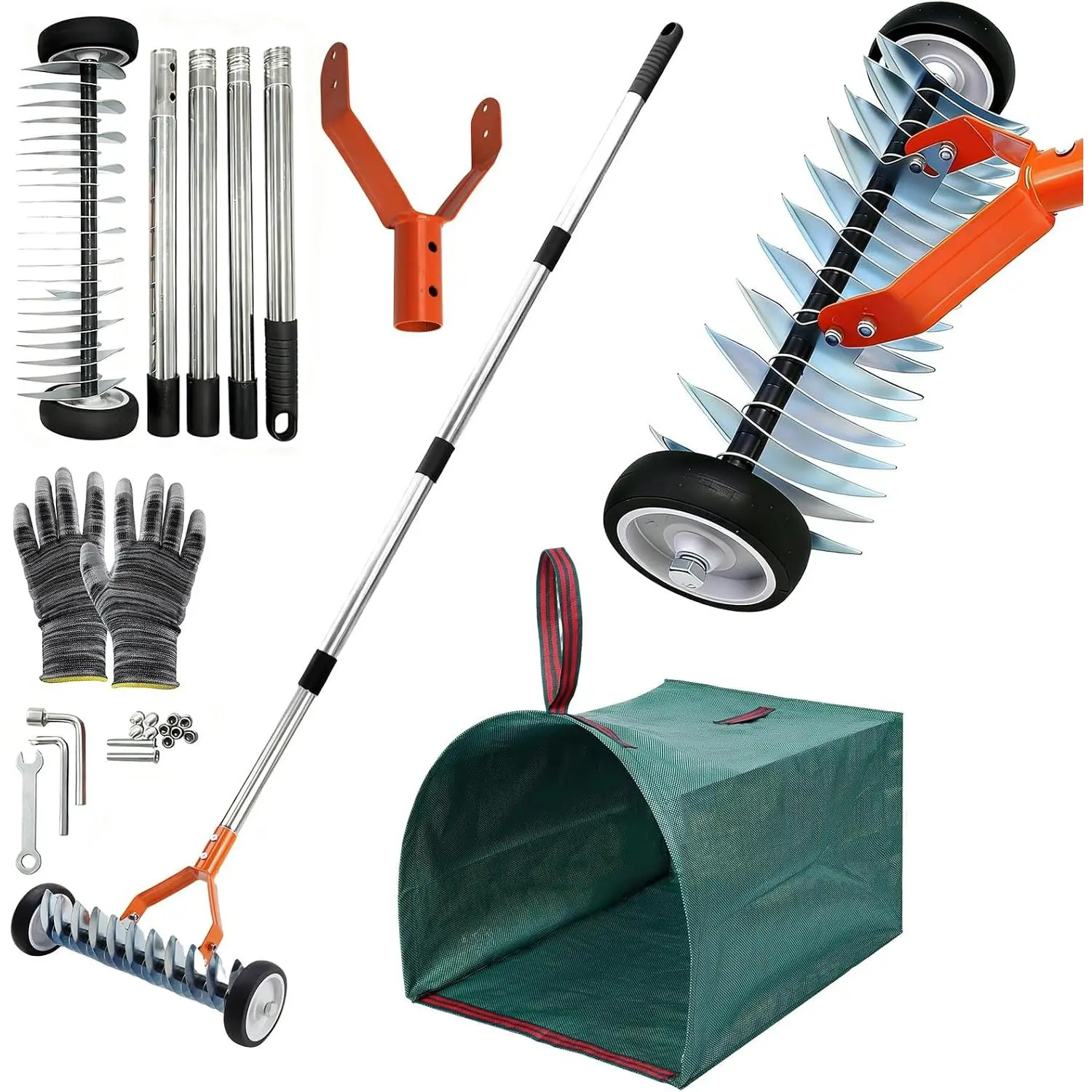 Heavy-Duty Adjustable Thatch Rake with Wheel Support - Carbon Steel Multi-Side Tines Set (21 & 11-Sided), 38"-65" Detachable Shaft, for Dethatching, Cool & Warm Grass Lawn Care