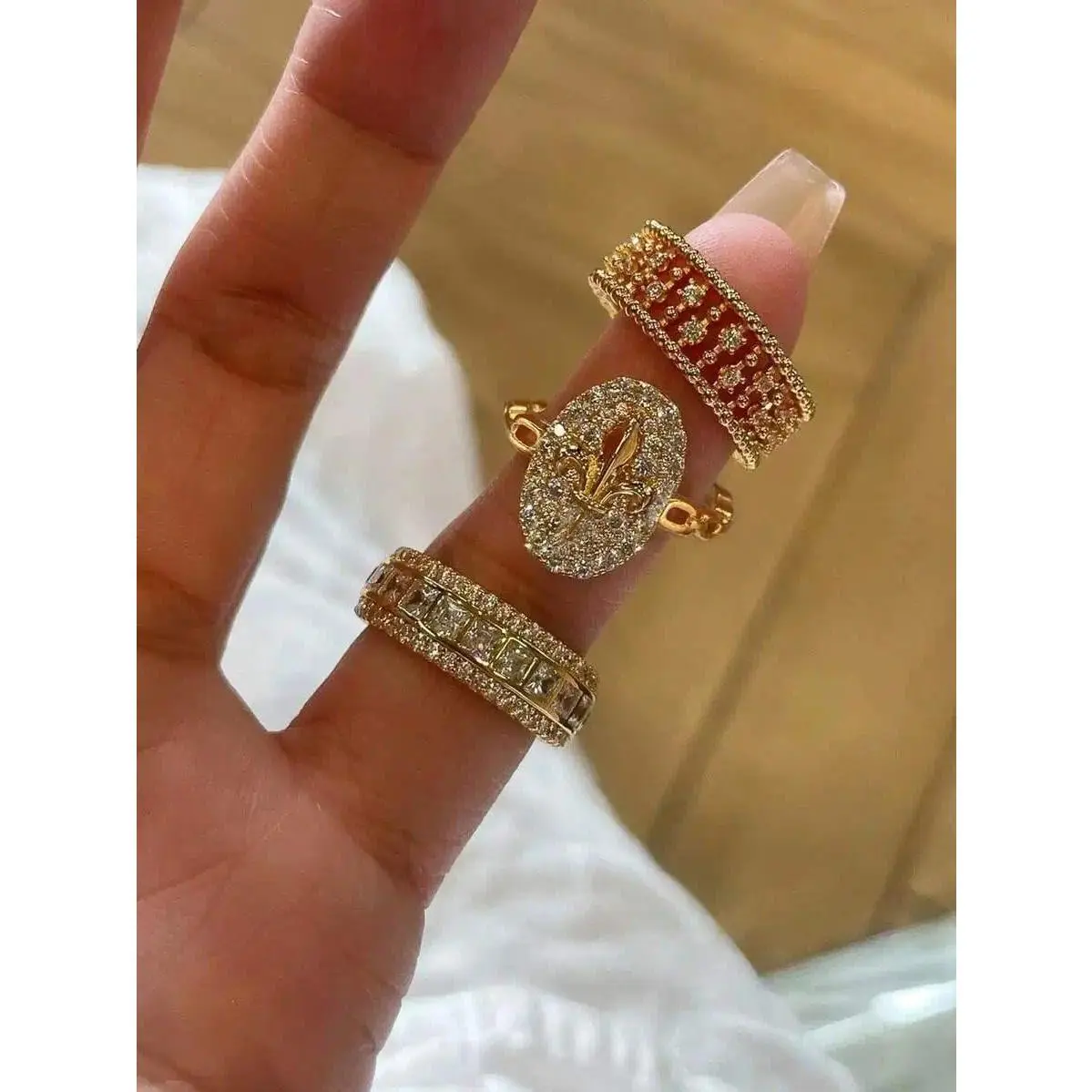 3pcs Fashionable Luxury Elegant High-End Cubic Zirconia Inlaid Hollow Chain Unique Elegant Rings Set, Suitable For Party, Banque vintage court style promise jewelry