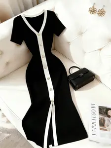 Women Short Sleeve V Neck Midi Dress Contrast Trim Button Front Split Hem Bodycon Midi Dress Slim Waist Figure Flattering Fitted Mid Length Dress Elegant Daily Office Wear Semi Formal Going Out Party Dress With Decorative Front Buttons Casual Chic Everyda