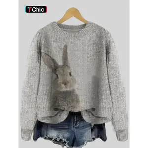 18ACTIVEKITWomen's rabbit print off shoulder round neck sweater, autumn and winter casual fashion long sleeved round neck jumper, fashionable women's knitted daily clothing, women's clothing, women's sweater, cute top, knitted pullover sweater