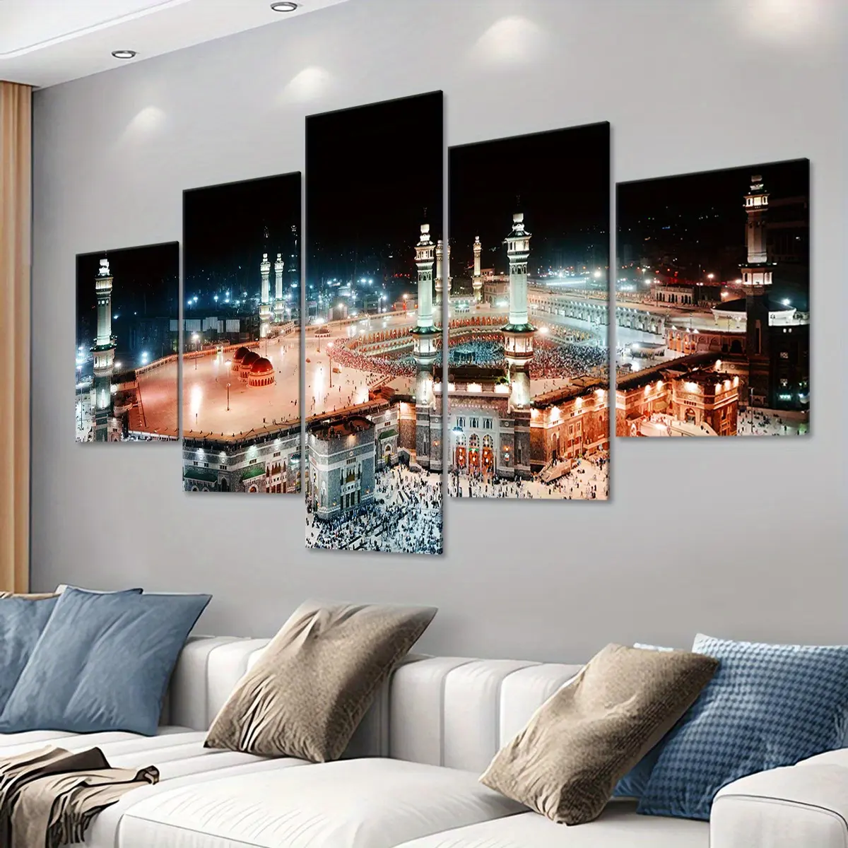 5 oil paintings of night scenes of Arab Islamic mosques in cities, fashionable posters, home decoration artworks, pattern wall decorations, suitable for wall decoration in living rooms, bedrooms, offices, dining rooms, and bars.