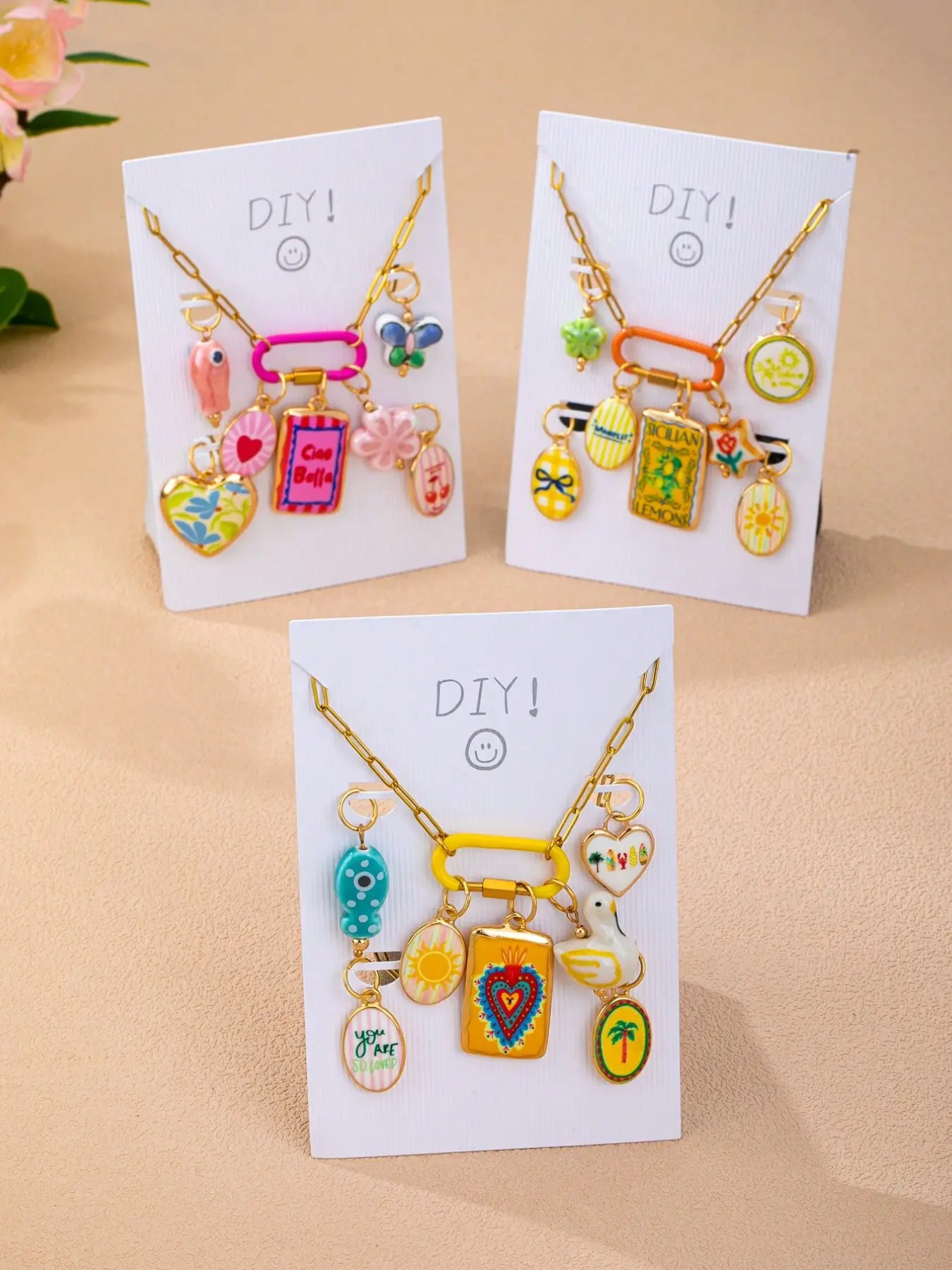 Colorful Summer Vacation Pendant Necklace Set, Charm Necklaces, Replaceable Lemon Palm Duck Enamel Pendants, Cute Y2K Girl Beach Jewelry DIY Kit