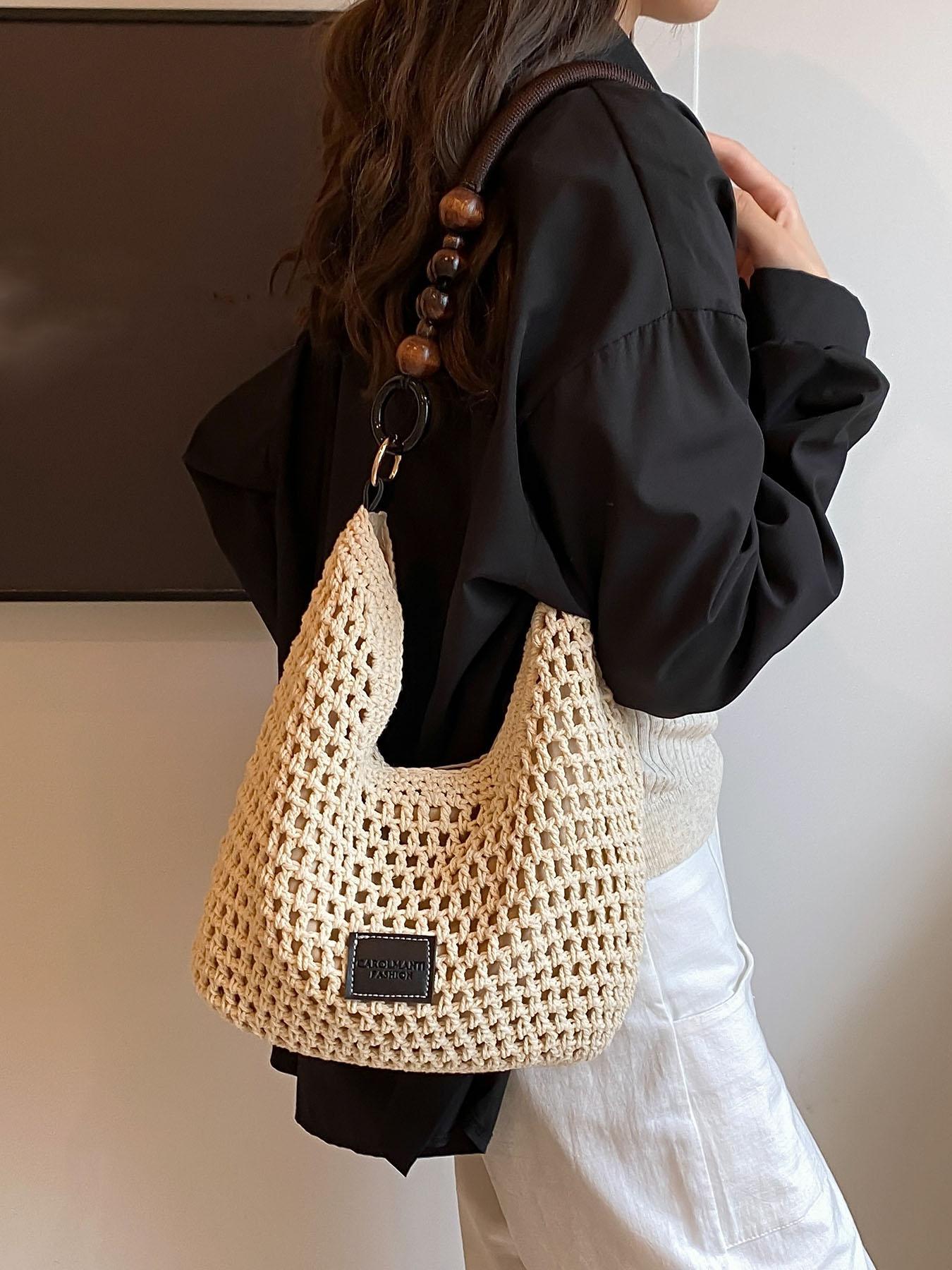 Women's Elegant Crochet Crossbody Bag, Fashionable Shoulder Bag with Wooden Beads Handle, Casual Trendy Versatile High-quality Daily Commuting Bag, Crossbody Purse, Casual Commuter Bag