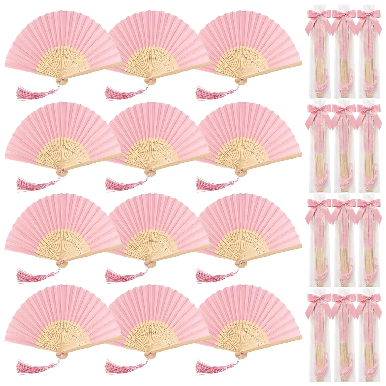 Pink Lightweight Handheld Folding Paper Fans Bulk (48 Pcs/12 Sets) with Satin Pre-Tied Ribbon Bows, Twist Ties, Tassels & Organza Bags, DIY Wedding Favors Kit for Bridal Shower Guests (Decor, Photo Use, Assembly Required)
