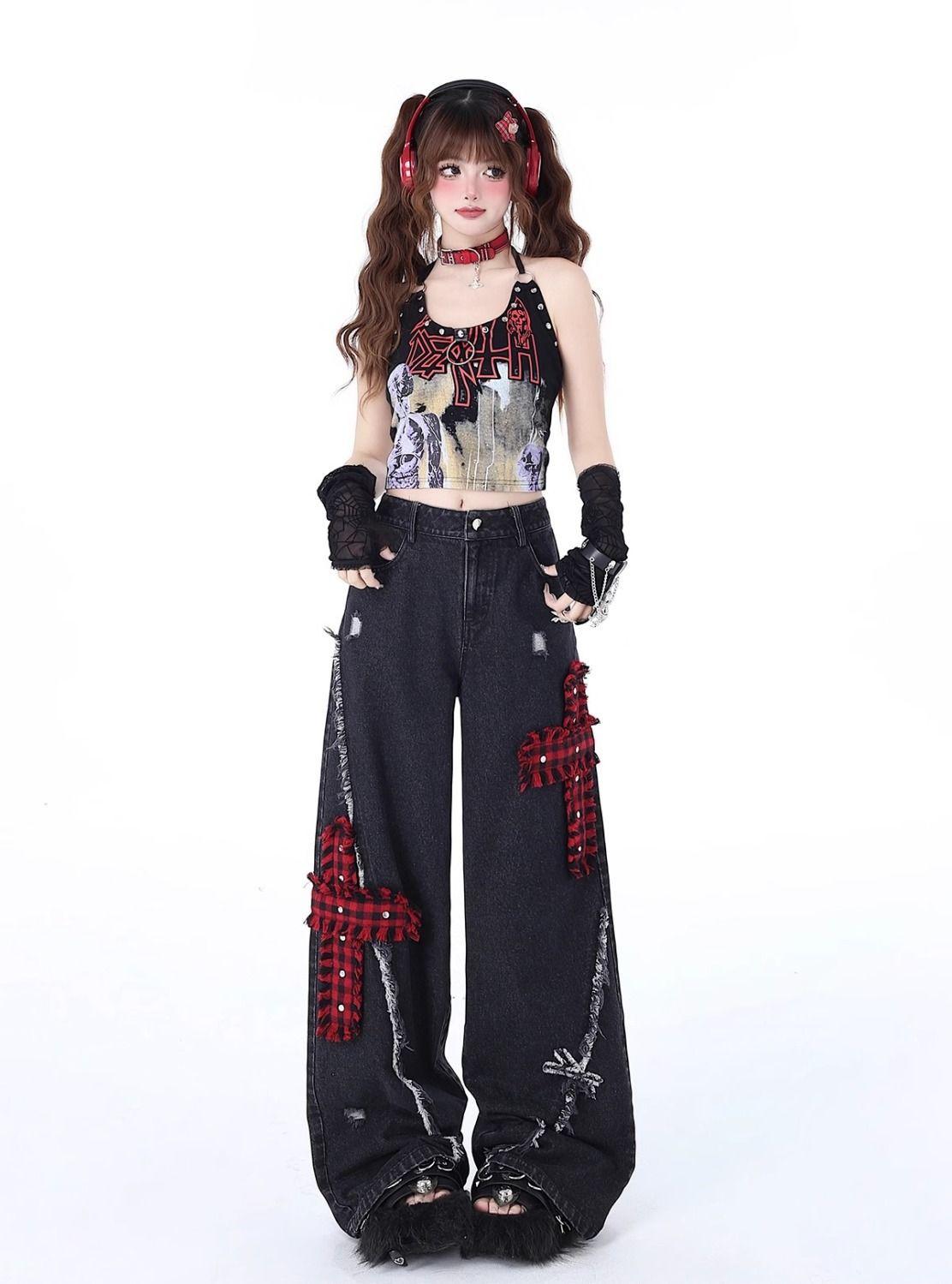 Women's Rock Punk Ripped Jeans, Spring New High-Waist Wide-Leg Pants, Loose Embroidered Floor-Length Denim, Drapey Casual Bottoms