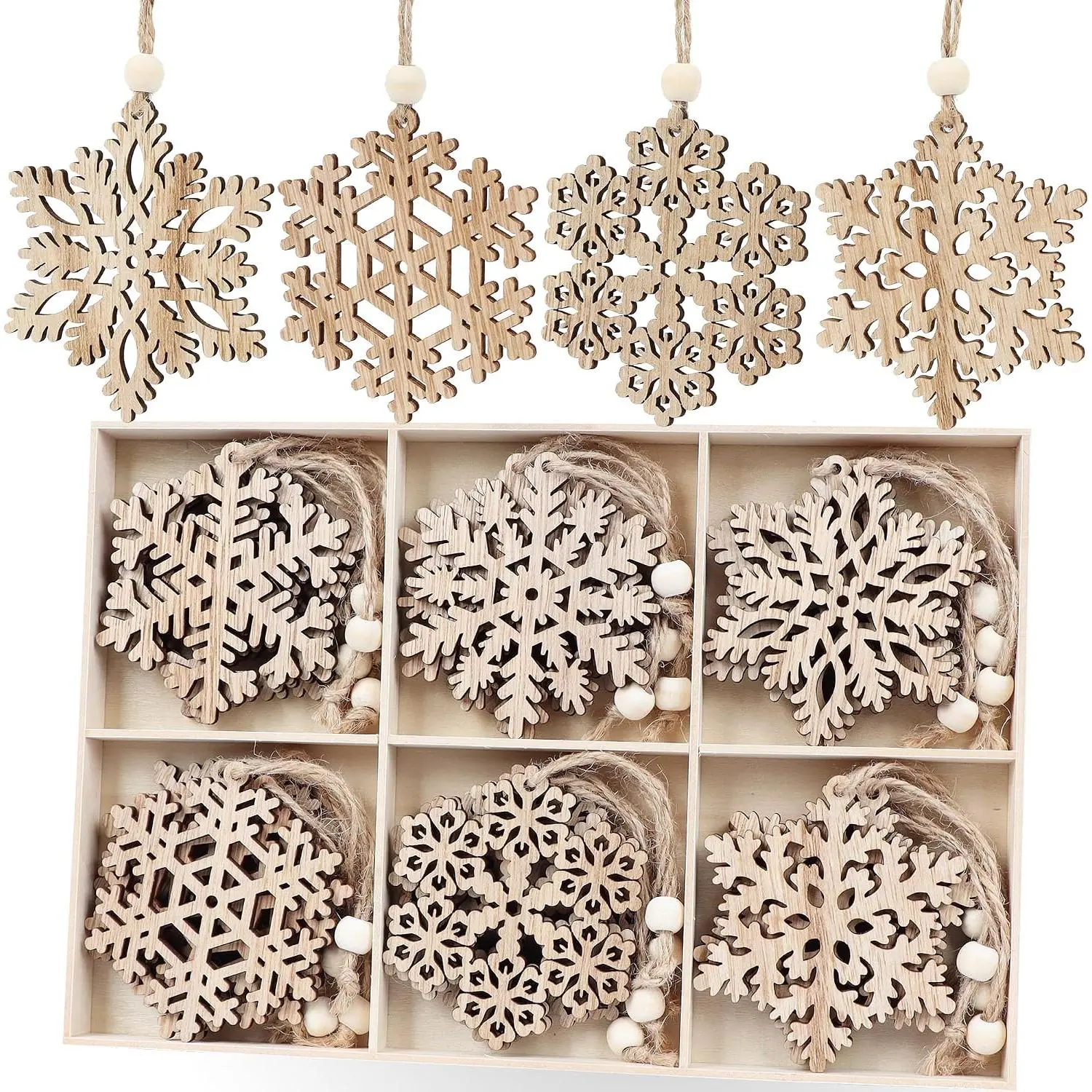 24 count Rustic Snowflakes Christmas Ornaments, 3inch Unfinished Wooden Snowflake Ornament for Crafts Christmas Tree Boho Decor  Tags