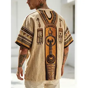Plus Size Egyptian Totem Print Short Sleeve T-Shirt - Pharaoh Retro Contrast, Lightweight Breathable, Loose Fit Casual Athletic Top, Vintage Ethnic Style, Machine Washable Men's Sports Outerwear