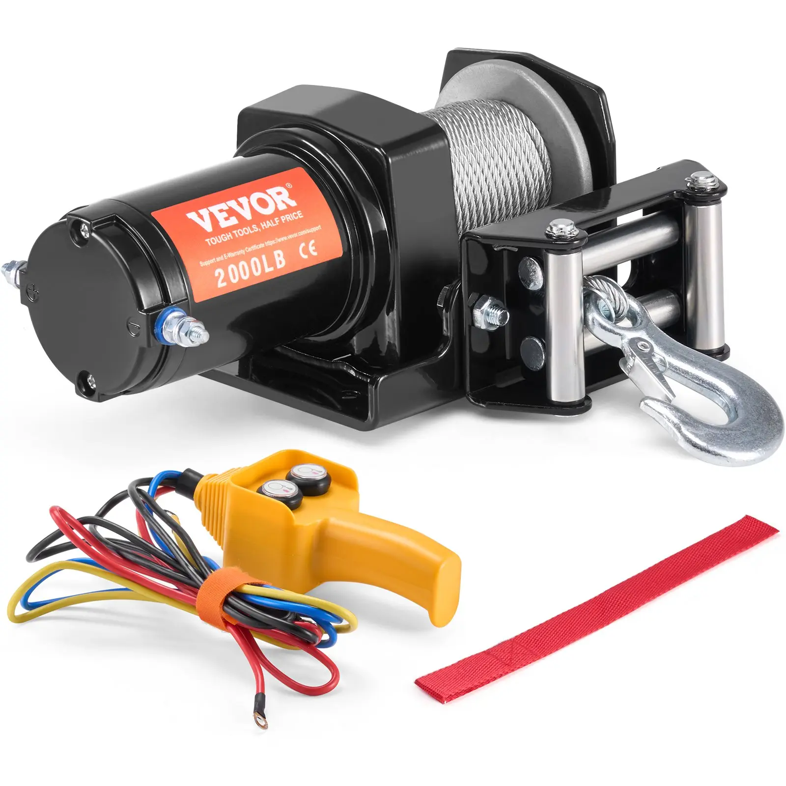 VEVOR P2000-1 12V DC/0.95 HP Electric Winch, 2000 lbs Line Pull, 16 lbs, 5/32 in x 39 ft 7-Strand Steel Cable, Roller Fairlead, Wired Remote, Power Cord, Color-Coded Cables, 10.9x4.0x4.2 in, IP55 Waterproof for Off-Road ATV/UTV Towing & Vehicle Rescue