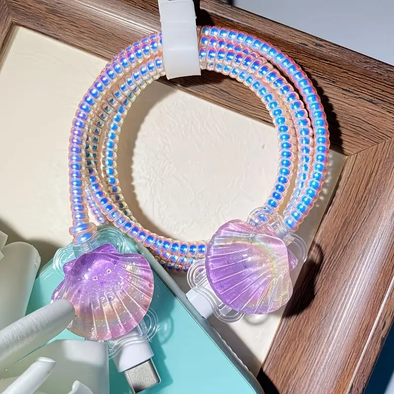 4Pcs/Set Cute Iridescent Seashell Cable Protector, Anti Break Charger Cord Saver, Aesthetic Phone Charging Cable Protective Cover For iPhone & Type-C Cable