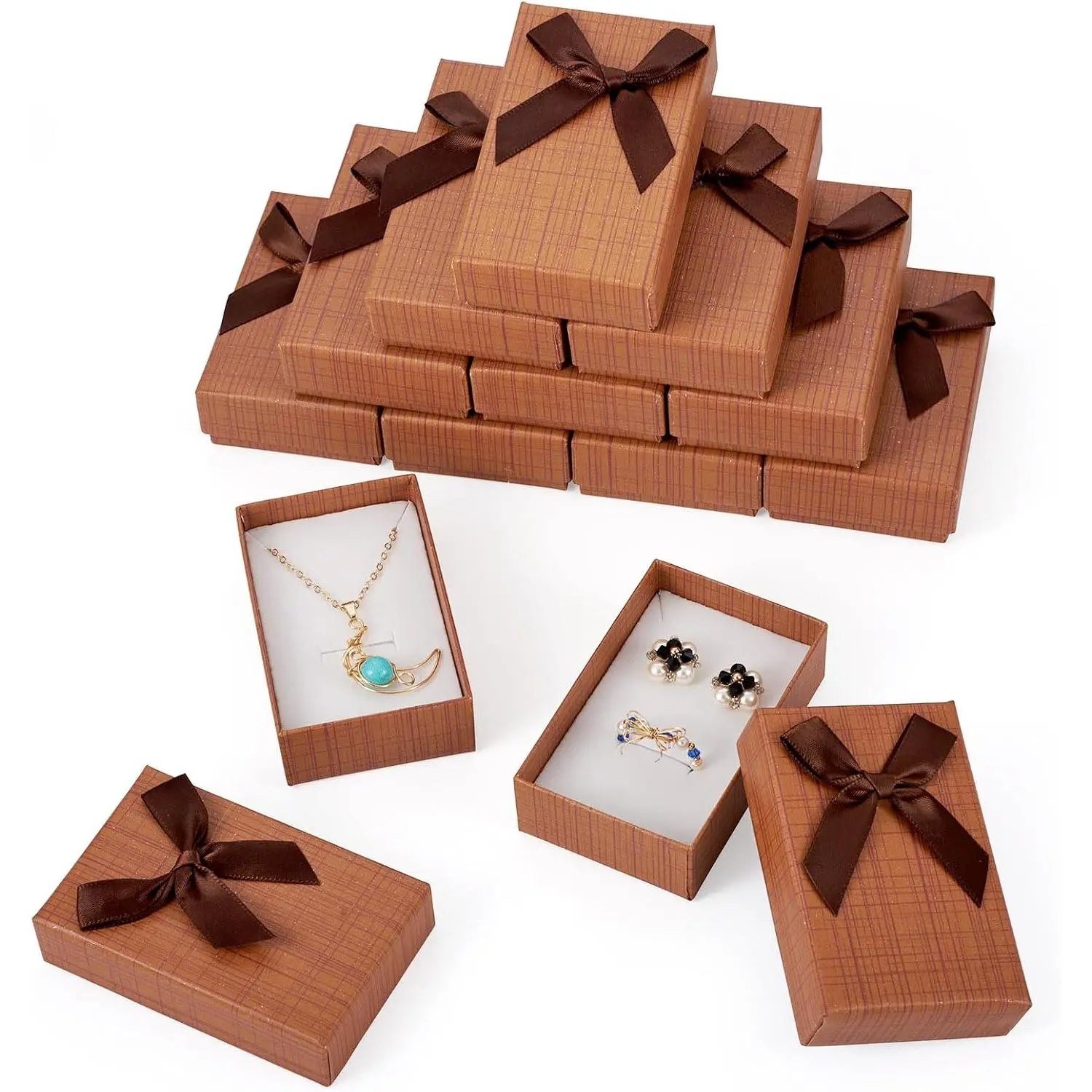 12 count   Box Set Empty Packaging Cases with Bowknot Rectangle Cardboard Paper  Boxes with Lid for Necklaces Rings Earrings Pendants Displaying (BurlyWood)