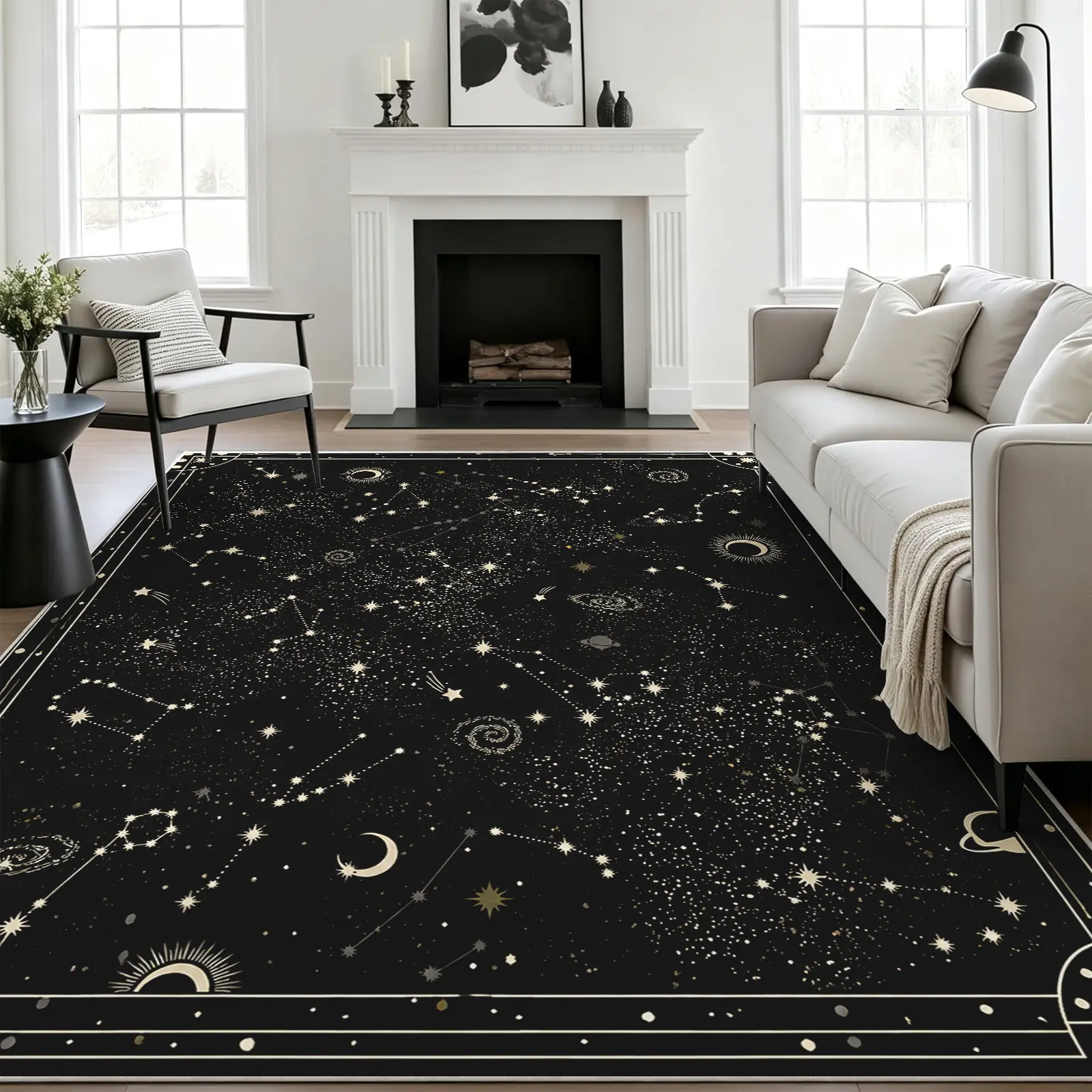 8x10ft Celestial Constellation Galaxy Area Rug - Ultra-Soft Home Items, Non-Slip Backing, Durable Edge, Machine-Washable, Stain-Resistant Floor Carpet for Living Room, Bedroom, Office