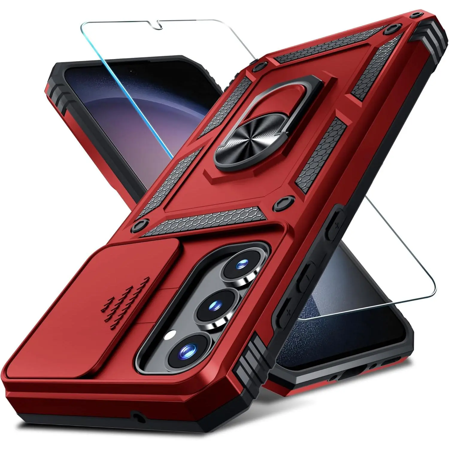 Janmitta 3-in-1 Mobile Phone Accessories Kit for Samsung Galaxy A35 5G, Heavy Duty Protection Casing with Built-in Slide Camera Lens Cover, HD Tempered Screen Protector, 360 Rotation Finger Ring Holder Kickstand, 2024 Red, Smartphone, Cellphone