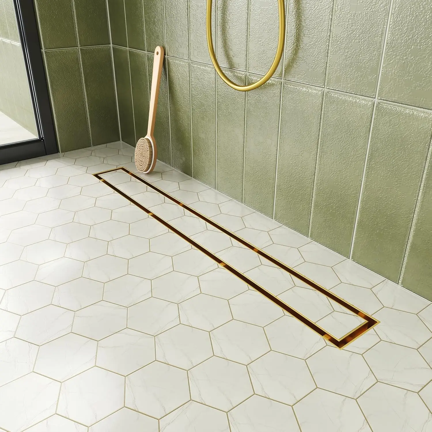 24-Inch Gold Linear Shower Drain with Tile Insert Cover, Golden 304 Stainless Steel Rectangle Shower Floor Drain, Linear Drain with Leveling Feet, Hair Strainer, CUPC Certified