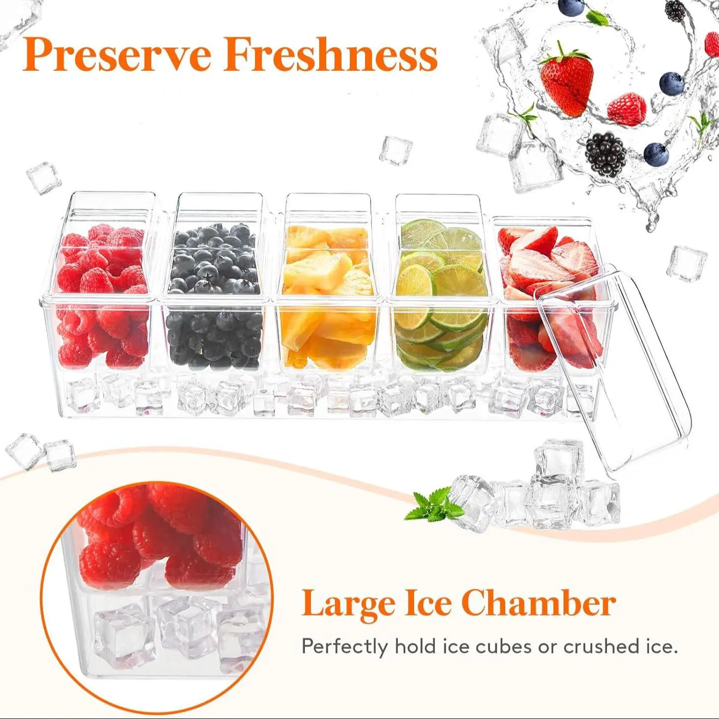 Storage Boxes, Preserving Containers, Chilled Condiment Racks, Trays with Individual Lids and Removable Plates, Food Storage, Fruit and Candy Boxes, Condiment Trays for Bar Accessories, Fruits, Salads, Burritos, Party Decorations, Kitchen Appliance.