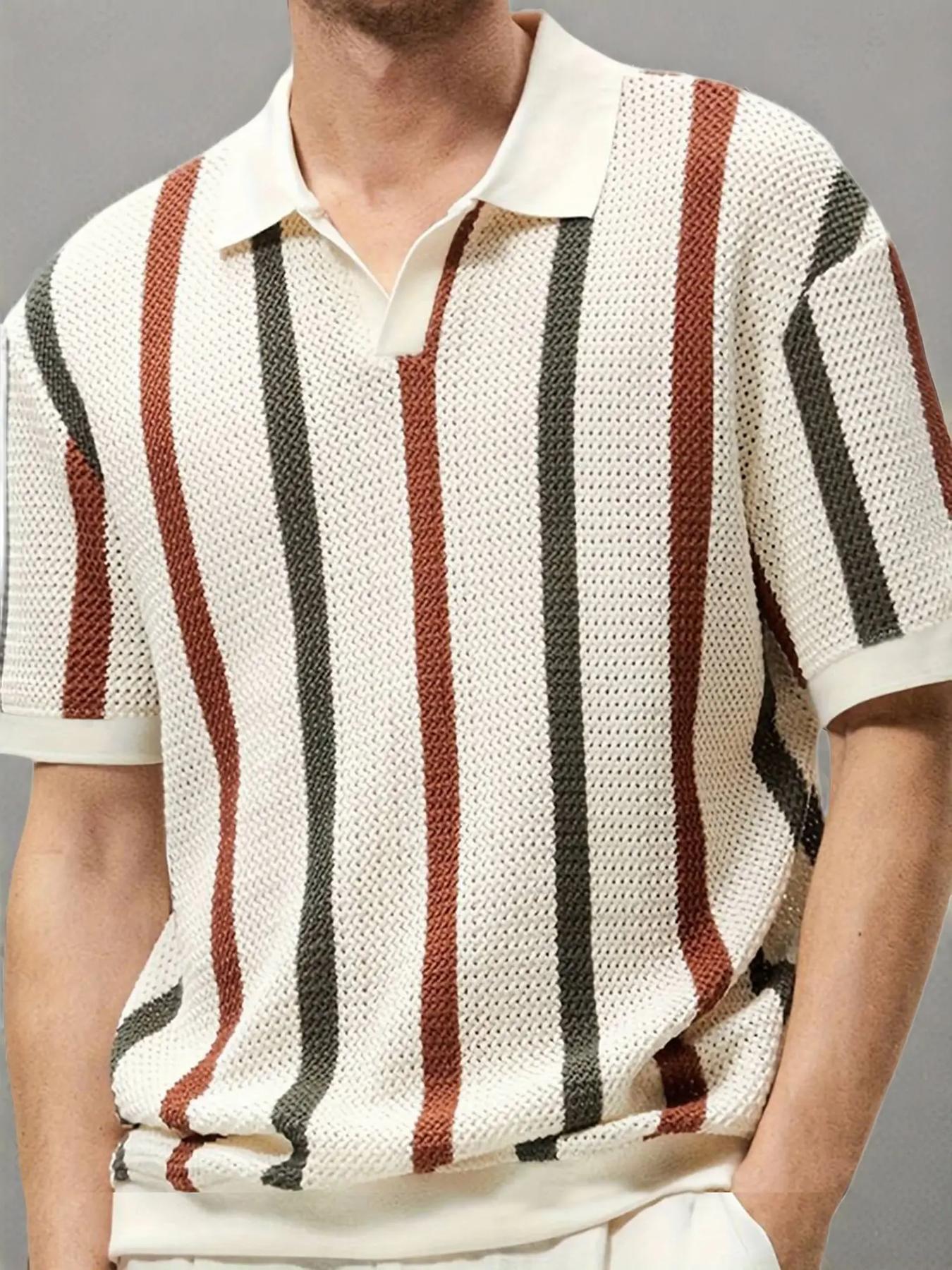 Men's Regular Fit Striped Print Polo Shirt, Casual Fitted Shortsleeve Top for Fall & Winter, Fashion Men's Multicolor Knitwear for Daily Wear, Menswear, Fashion Garment, Polo Shirts, Stylish Streetwear Collared, Chic Fashion Casual