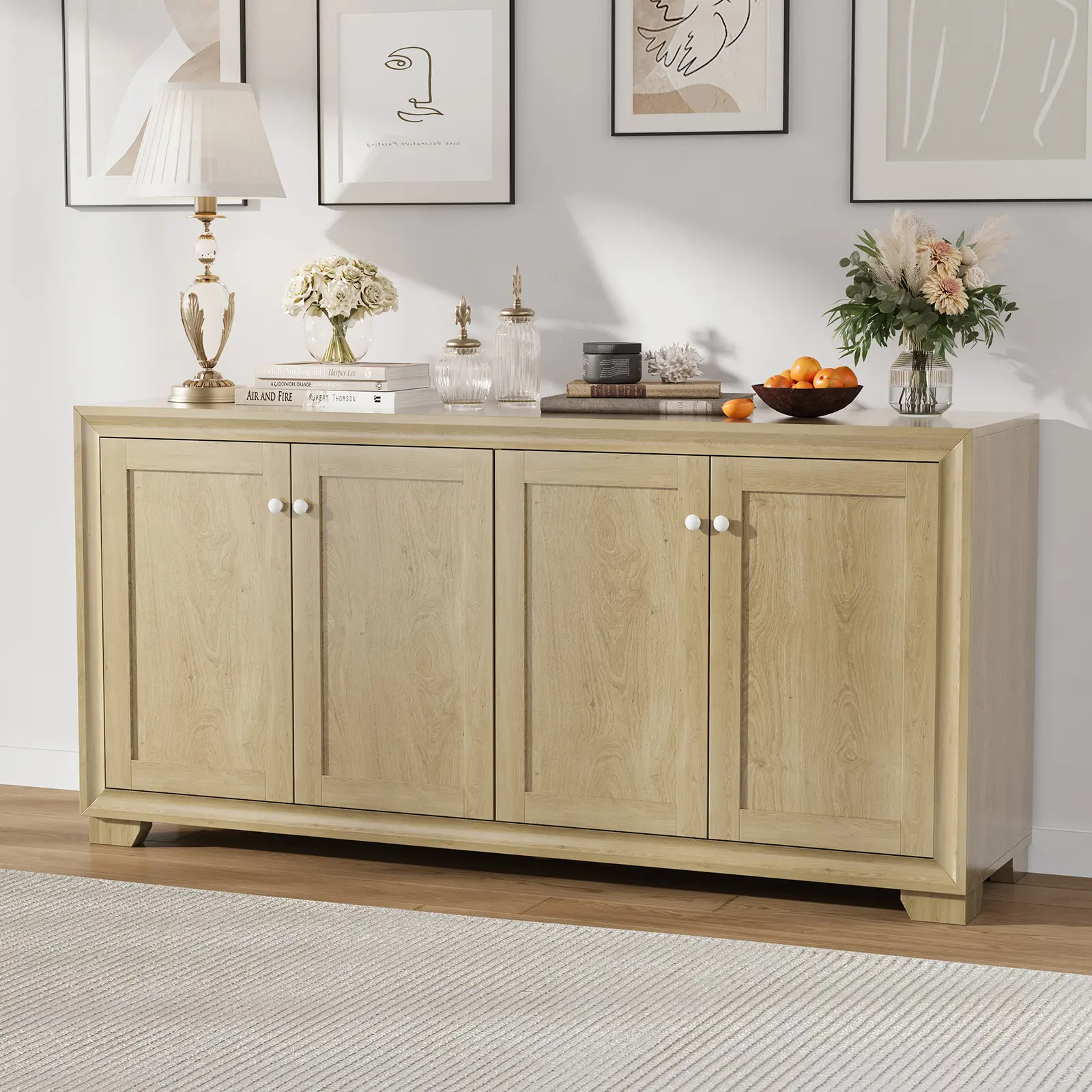60" Buffet Cabinet with Storage – 4 Doors Sideboard with Adjustable Shelves, Modern Farmhouse Coffee Bar Console for Living Room & Kitchen