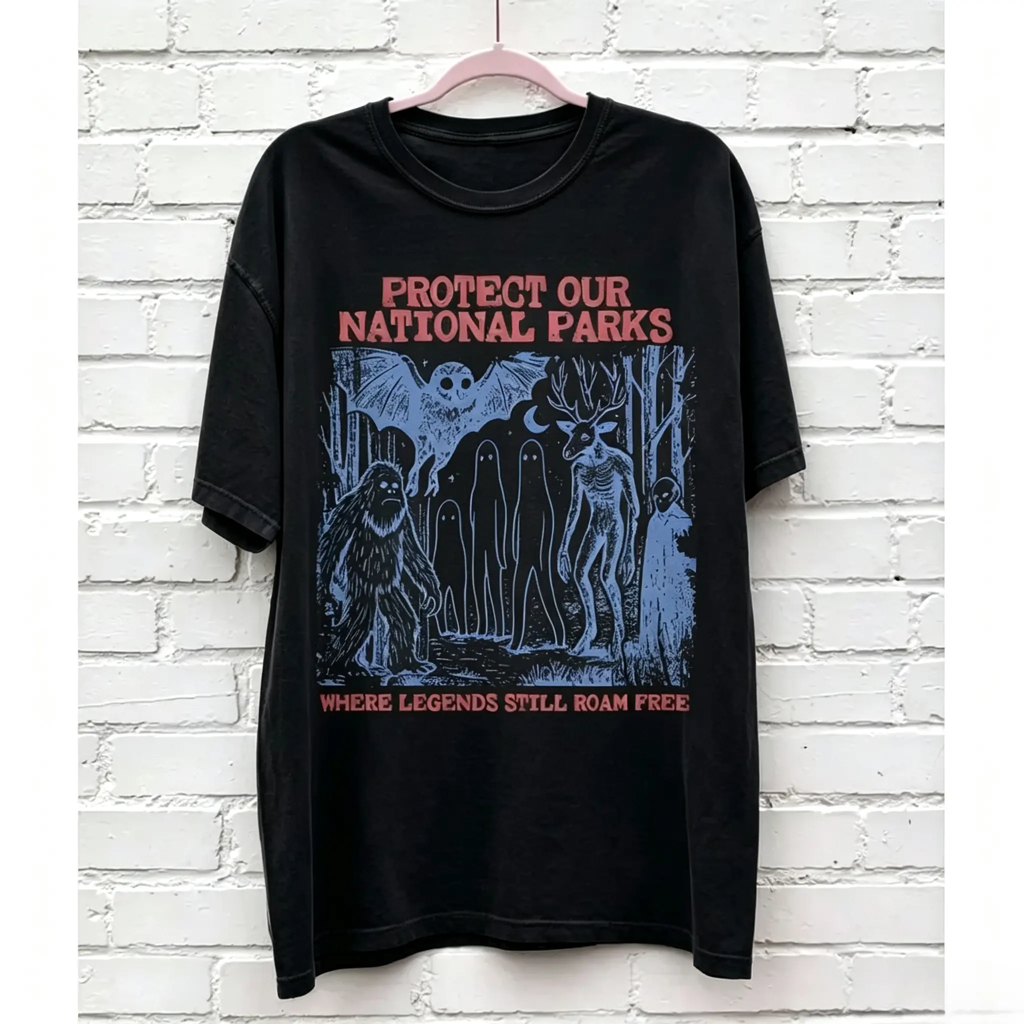 Men's/Women's Casual Short-Sleeve Round Neck 90s Retro T-Shirt - Protect Our National Parks, Cryptid Fantasy Creatures, Camping Hiking Streetwear Graphic Tee