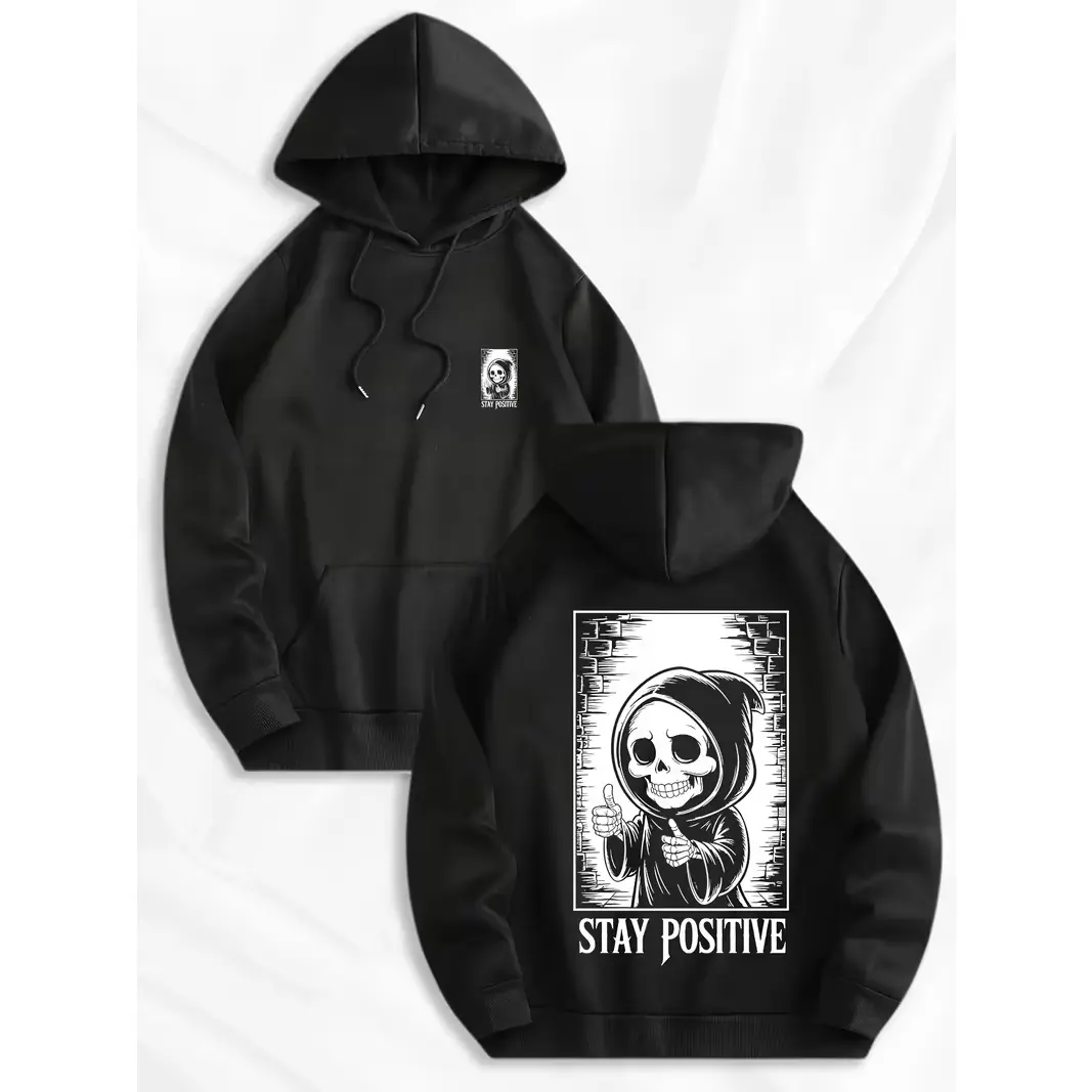 Grim Reaper Skeleton Thumbs Up Graphic Oversized Comfort Cotton Hoodie, Stay Positive Dark Humor Fashion Outfit, Perfect Valentine Gift For Gothic Optimism Lovers, Best Holiday Present For Edgy Friends Him Her