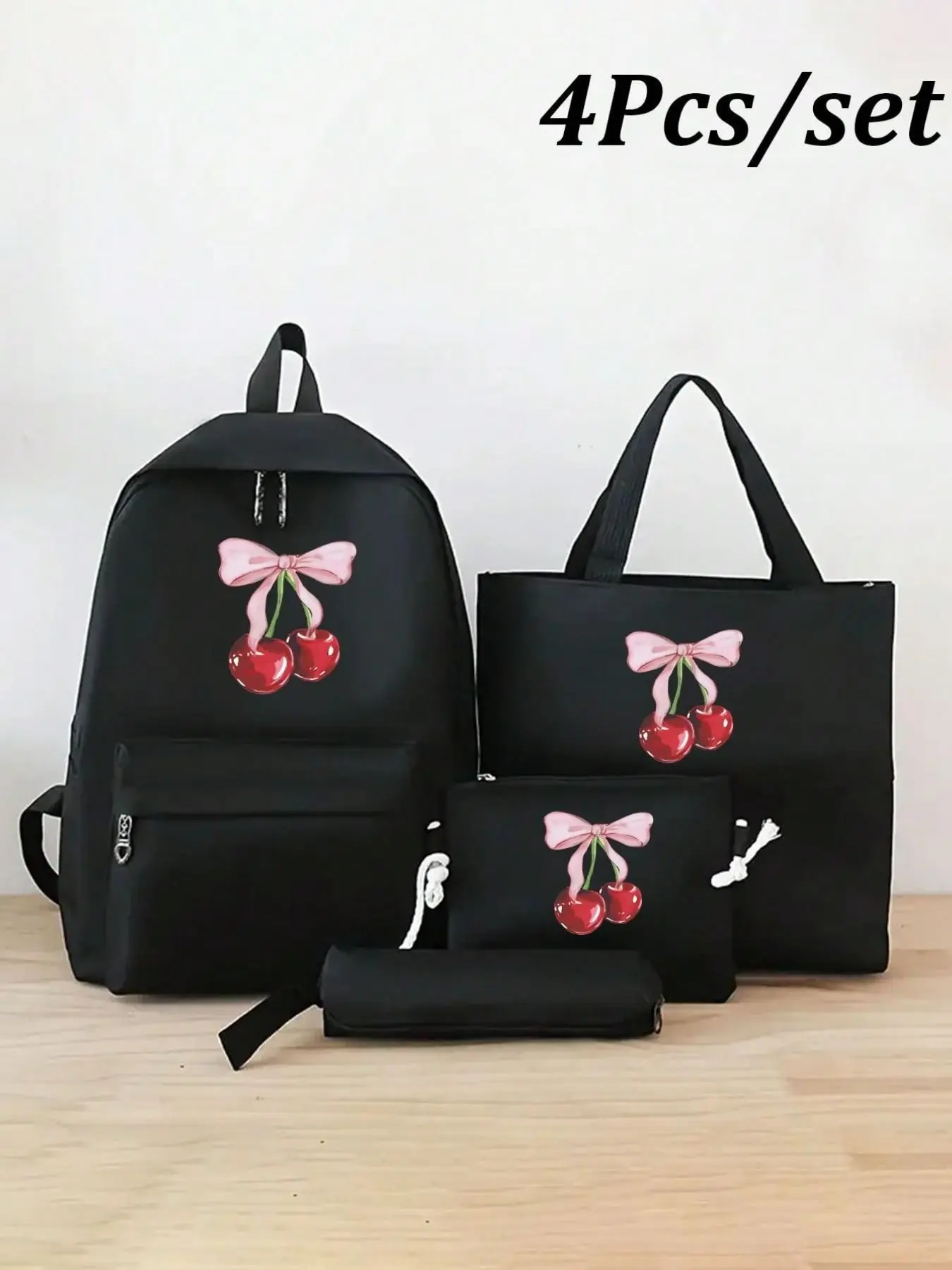 4-Piece Cartoon Bow Print Backpack Set, Fashionable Large Capacity Shoulder Bag, Portable Pencil Case, Wallet, Y2K Style for Teens