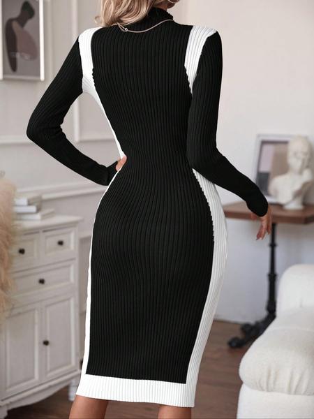 Women's Knit Elegant Commuter Dress, Fall Winter Patterned Half High Neck Long Sleeve Colorblock Knee-Length Slim Fit Sweater Skirt