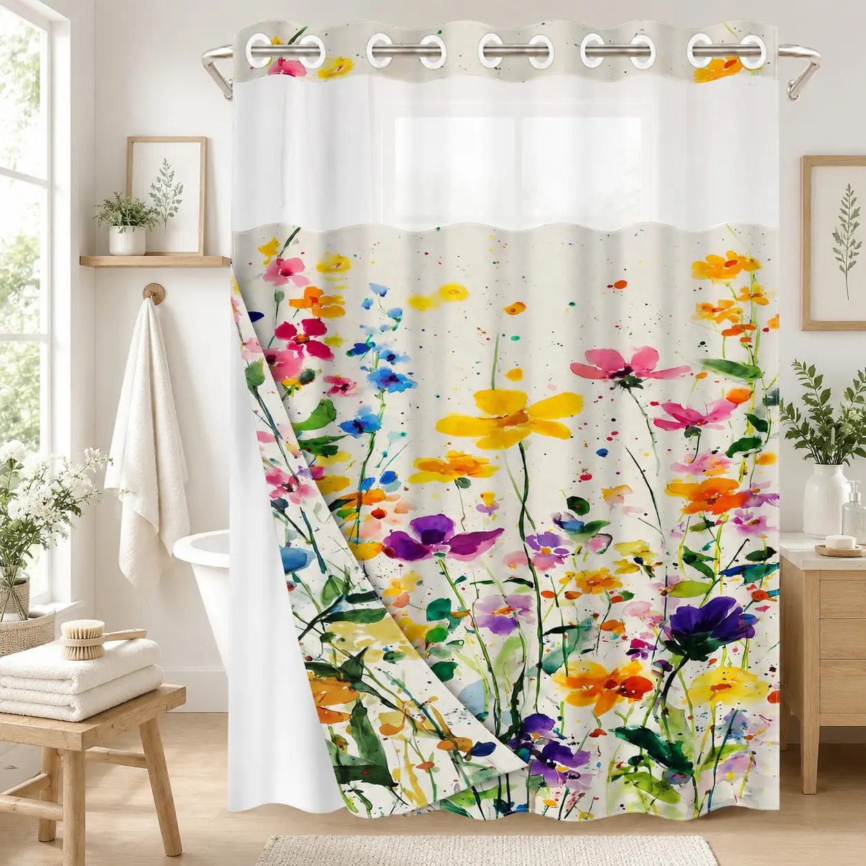 1 Piece No Hook Double Layer Floral Pretty Shower Curtain, Watercolor Wildflower Print Bath Curtain, Waterproof, Mildew Resistant, Durable Fabric, Farmhouse Home Decor, Removable Liner, Top See-Through Window, Partition Curtain 71"×74"