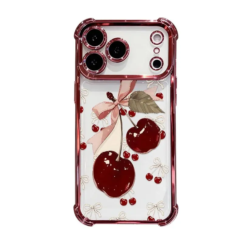 Phone Case for iPhone 18 17 16 Pro Max 15 Plus 14 13 12 11 E Air Cherry Bow Delight Pattern Anti-drop Durable Total Protective Shockproof Transparent Cover Casing