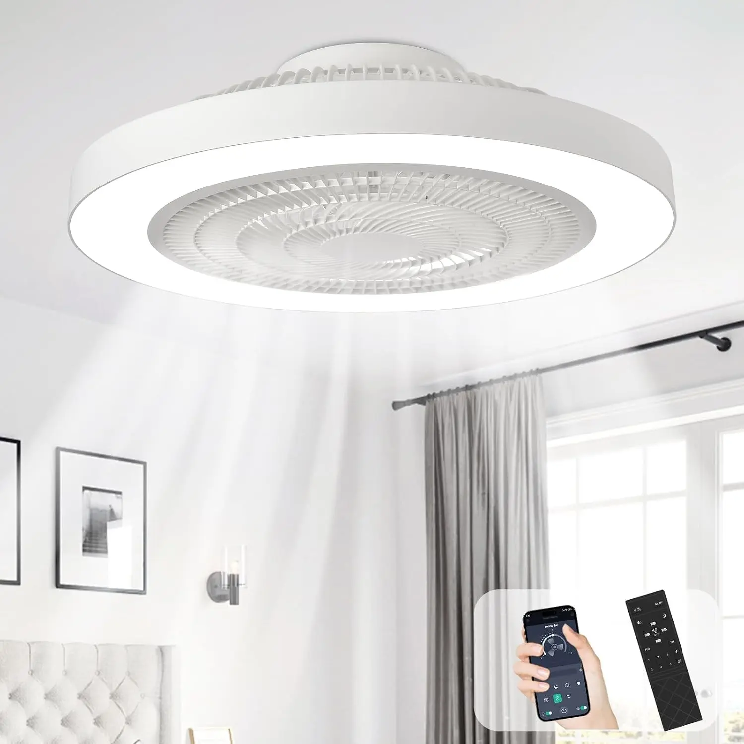 Modern Ceiling Fan with Light: 19" Bladeless Flush Mount Low Profile LED Ceiling Fans with Remote APP Control - White Enclosed Fandelier Dimmable Quiet for Bedroom Kids Room Apartment Loft