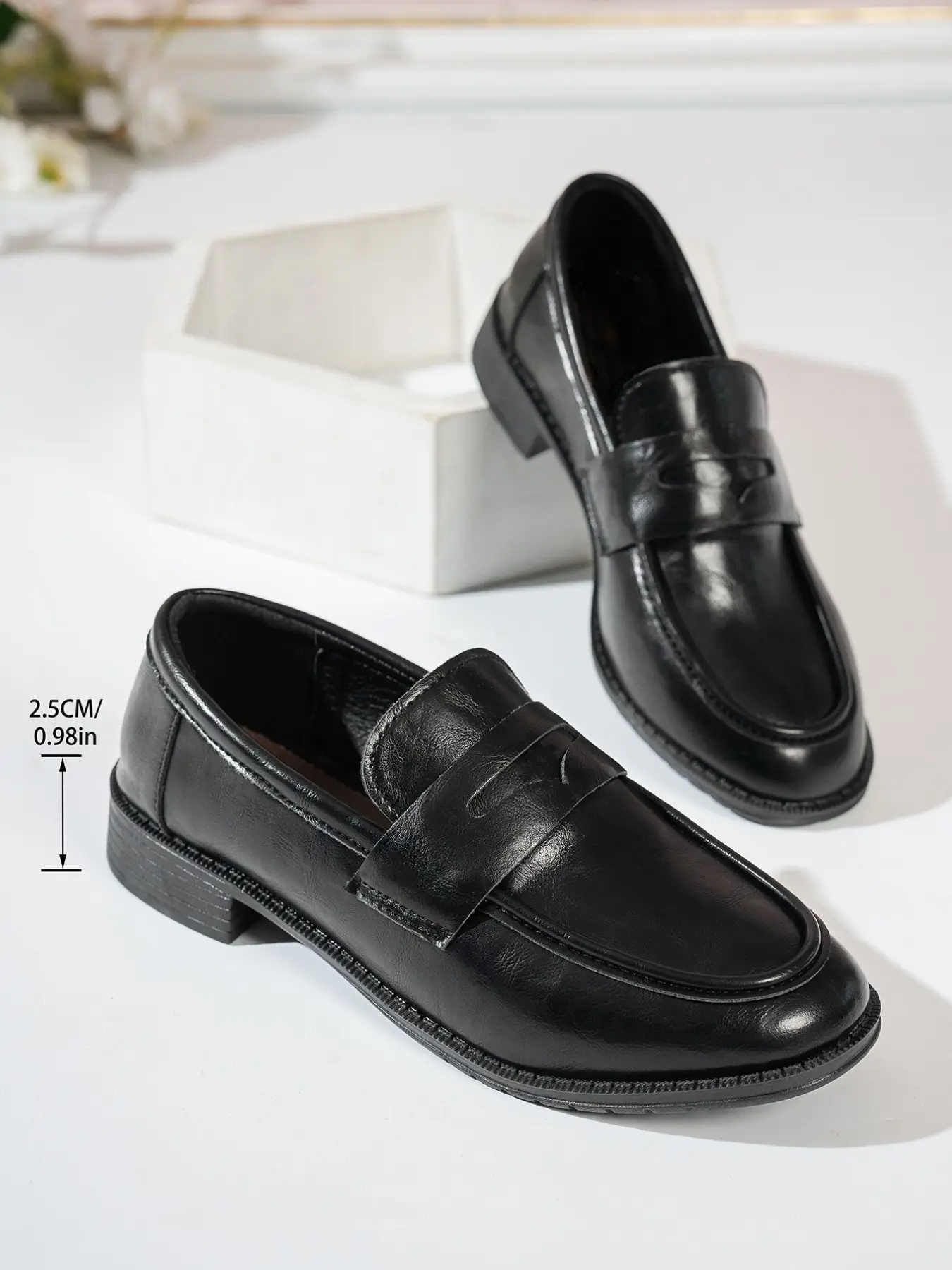 Vintage Simple Low Heel Loafers, Square Toe PU Leather, Breathable Rubber Sole, All Seasons, Fashion Plain Design, Slip-On Comfort