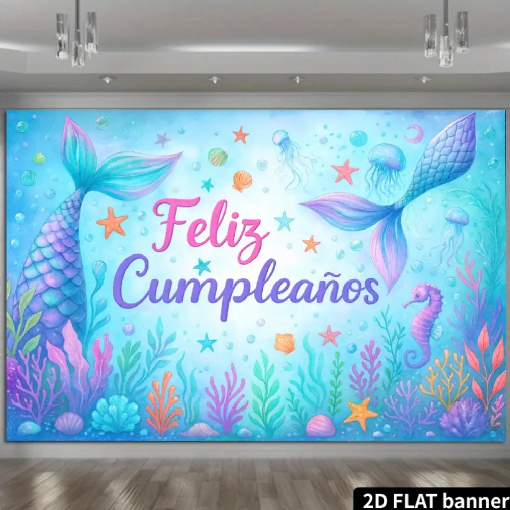 2D Flat HD Digitally Printed Polyester Photo Background, Underwater Mermaid Tail Themed Indoor Birthday Decor Cloth, Soft, Lightweight, Foldable, for Portrait Shooting, Festive Party Supplies