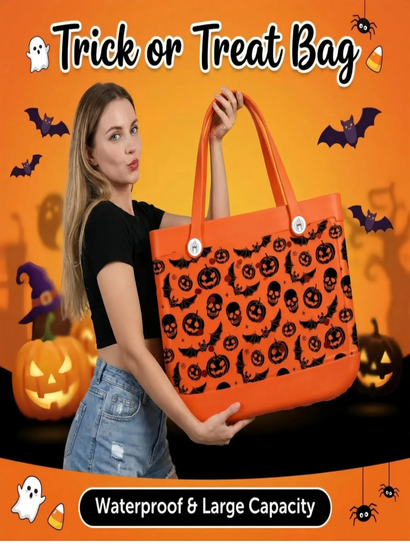 2026 Halloween pattern EVA large capacity multifunctional tote bag, beach bag, leisure bag, handbag, travel bag, storage bag, pool bag, shopping bag suitable for beach, swimming pool, gym and other occasions, suitable for both men and women