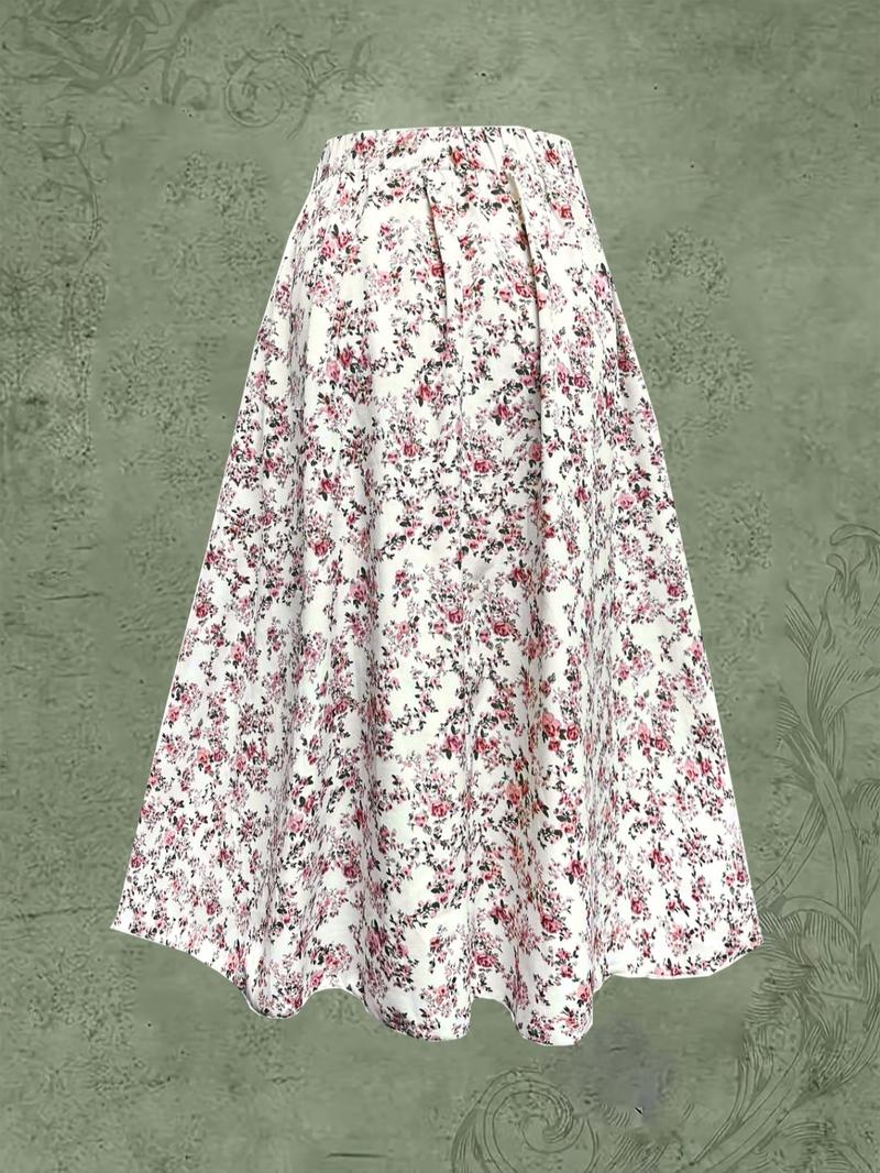 【Plus Size】 Ditsy Floral Print A Line Skirt, Boho Fashion Casual Elastic Waist Long Skirt for Daily Holiday Vacation Wear, Women's Clothing for All Seasons