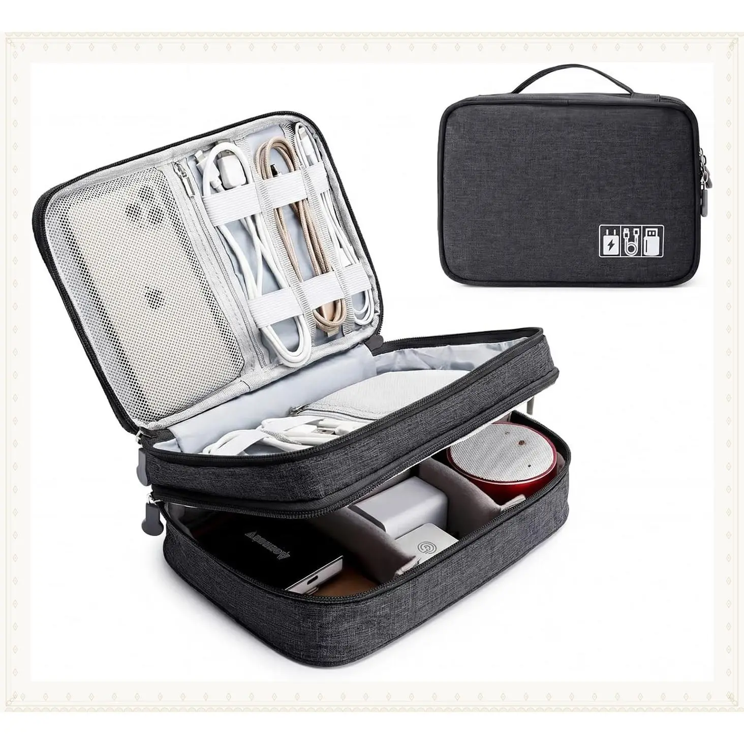 Travel Cable Organizer Bag, Portable Double Layer Electronic Accessories Case for Cords, Chargers, Flash Drives, Phone, SD Cards & Personal Items - BlackGift