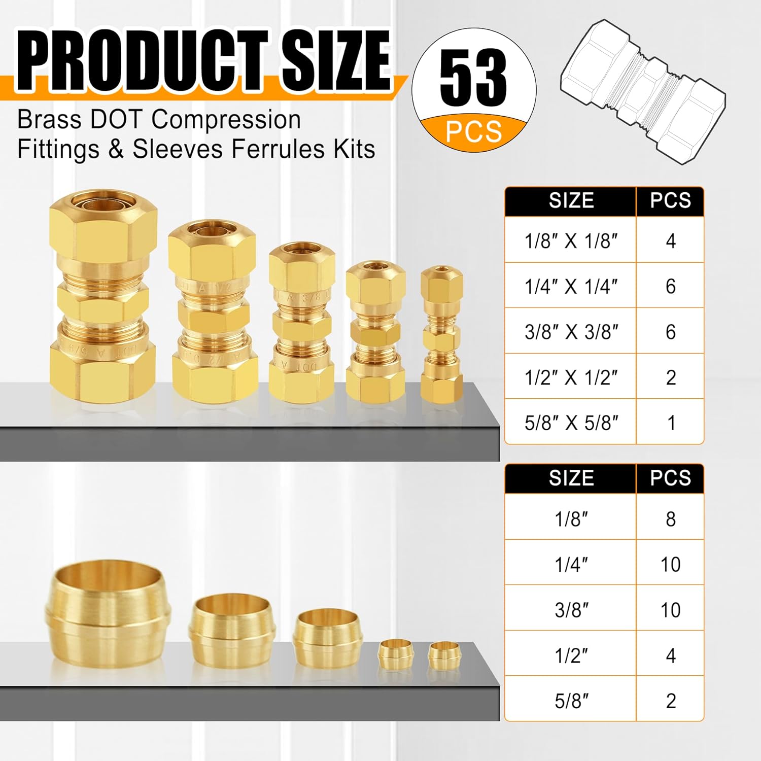 SUNDAY MIRTH 53 count DOT Brass Compression Air  Nylon Tubing Fittings,Straight Union Fitting Assortment Kit 1/4" 1/8" 3/8" 1/2" 5/8" for  or Industrial Air System