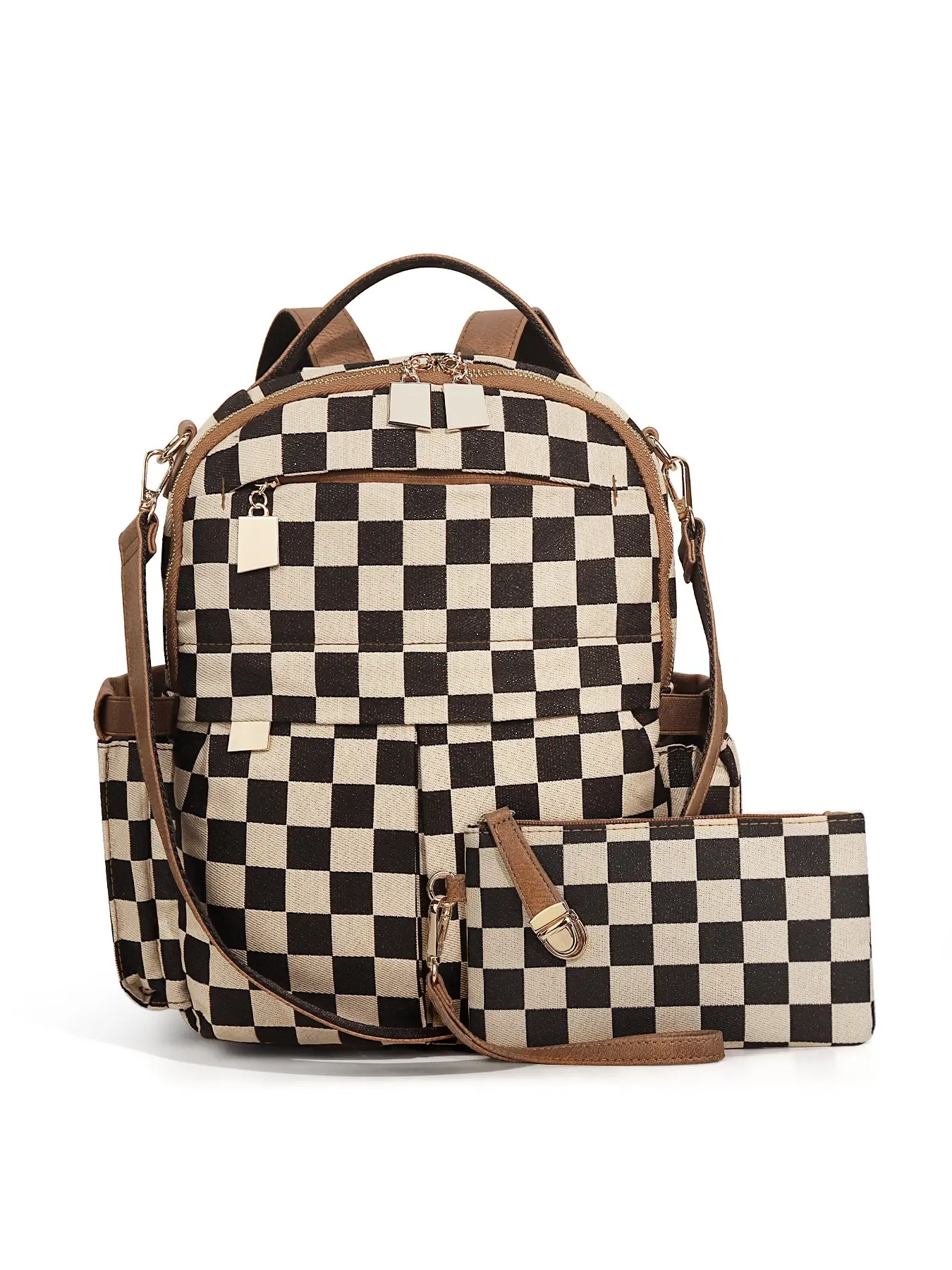 Checkerboard Pattern Dual Shoulder Bag, Large Capacity Computer Backpack, Durable Canvas School Bag, Two-Piece Set, Student Friendly Design, Checkered Plaid Backpacks