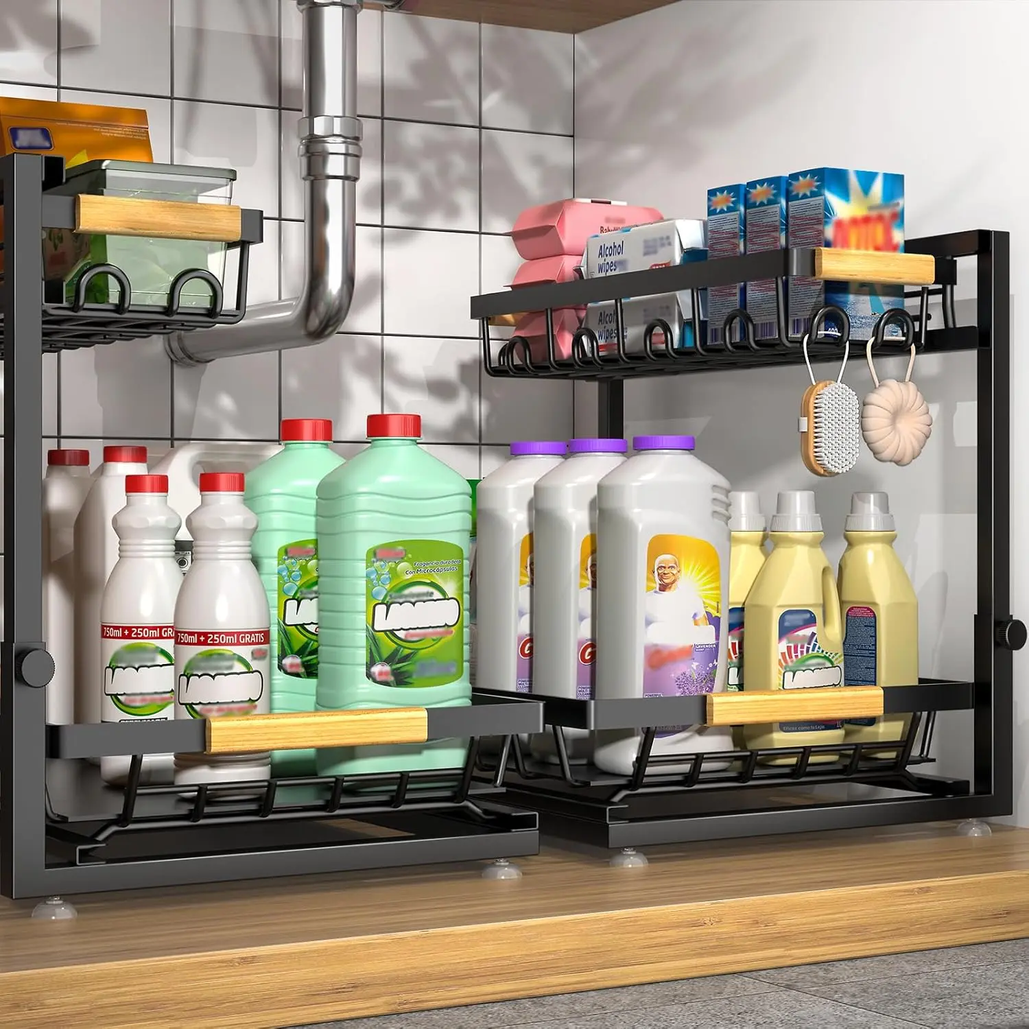 2-Pack 2-Tier Height Adjustable Under Sink Organizer & Storage |   Multi-purpose storage for kitchen & bathroom cabinet. Large black shelf, height adjustable design for space-saving.