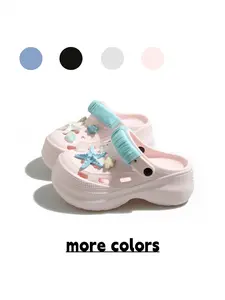 Women's Black & Light Blue Ocean Shell DIY Clogs, Starfish & Shell Decor Chunky Slides for Girls