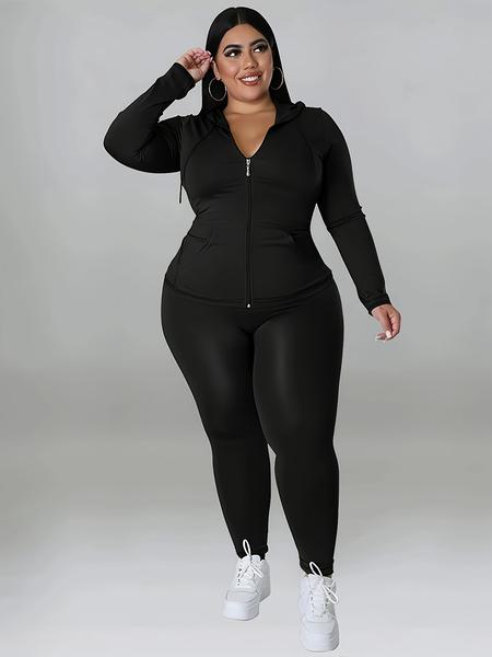 Plus Size Solid Zip Up Hooded Top & Skinny Pants Set, Casual Long Sleeve Hooded Outerwear & Trousers for Women, Women's Christmas and New Year Two-piece Outfits for Spring & Fall Plus Size Solid Zip Up Hooded Top & Skinny Pants Set, Casual Long Sleeve Hooded Outerwear & Trousers for Women, Women's Christmas and New Year Two-piece Outfits for Spring & Fall