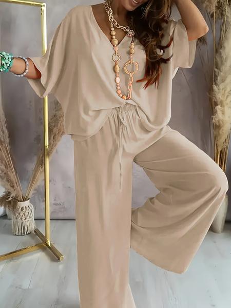 Women's V Neck Short Sleeve Loose Knit Wide Leg Pants Set, Casual Home Wear Two-Piece, Comfortable and Stylish Clothing