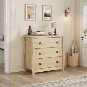 Chest of Drawers with 3 Drawers, Modern Dresser with Black Metal Ring Pull Handles, Wooden Storage Cabinet for Living Room, Entryway, Hallway