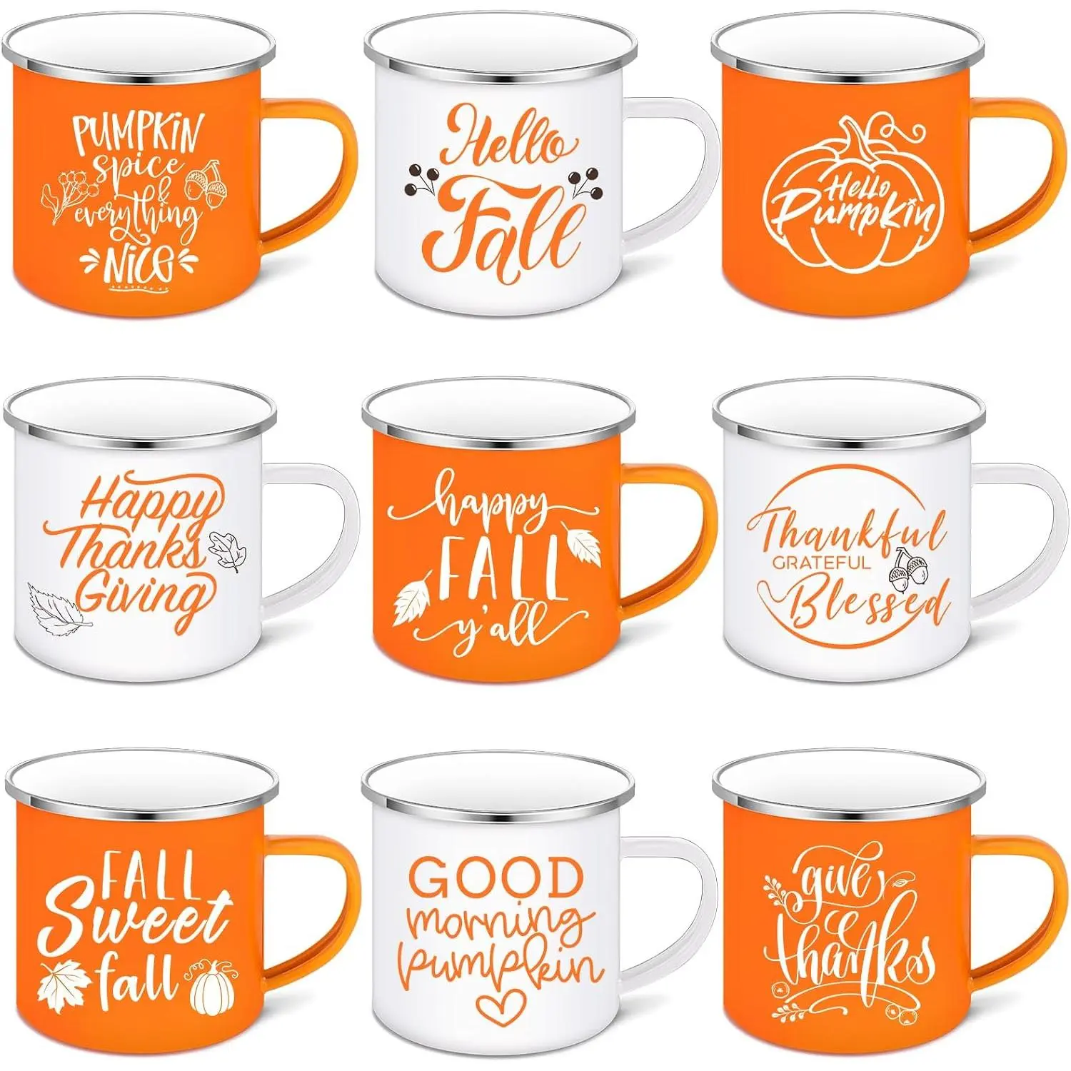 9 count Fall Mugs Autumn Coffee Mugs 12 oz Thanksgiving Enamel Mug | Thankful Blessed Cup Outdoor Camper Mug Pumpkin Give Thanks  Fall Sign Camping  Cup for Thanksgiving Party Campfire