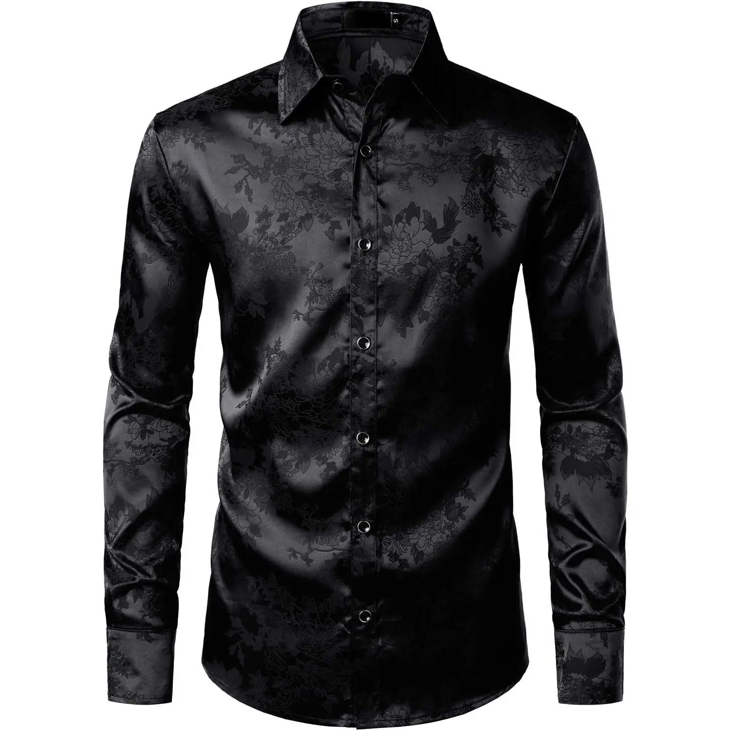 ZEROYAA Men's Shiny Satin Rose Floral Jacquard Long Sleeve Button Up Dress Shirts for Party Prom
