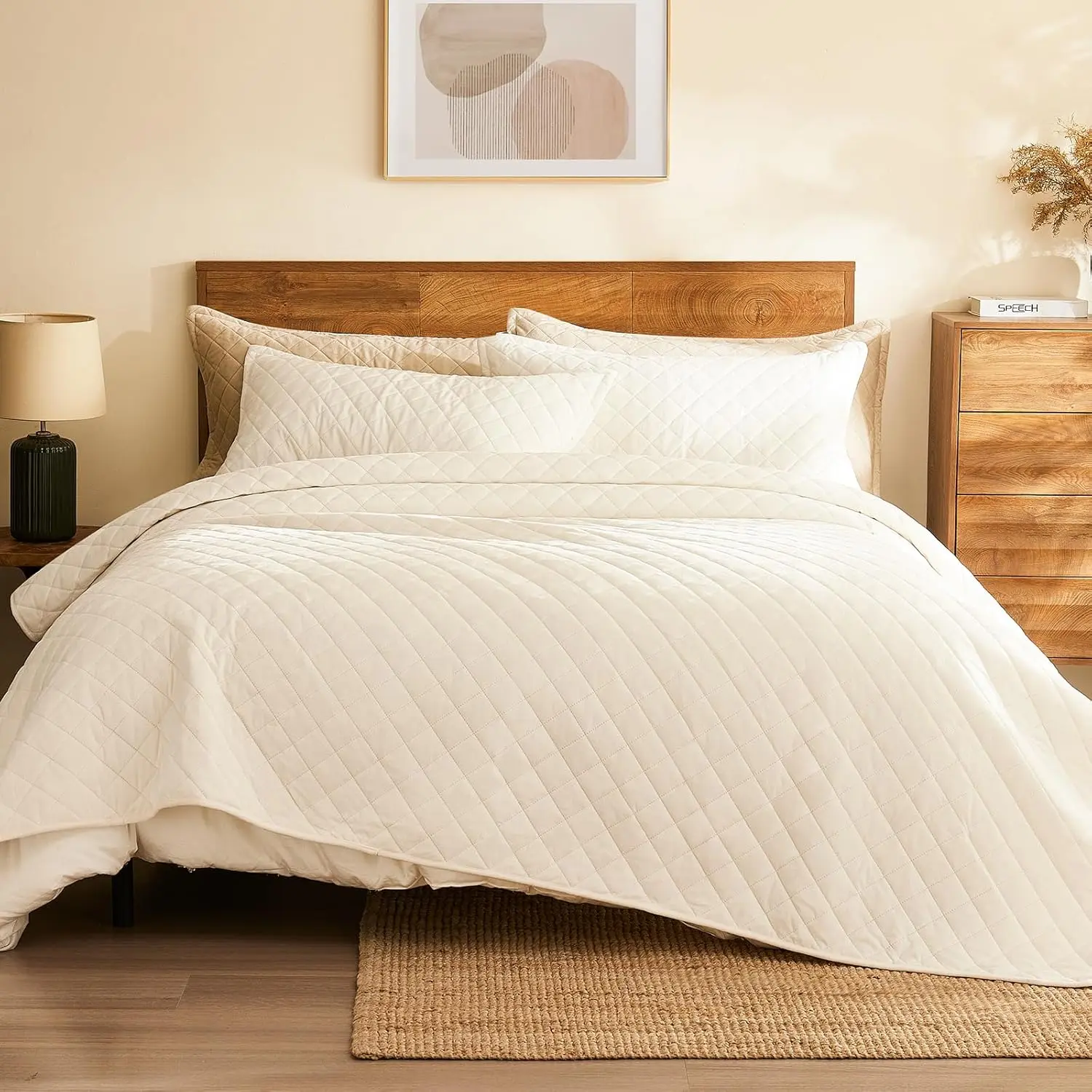 Velvet Queen Size: 3-Piece Reversible Luxury Velvet Bedding Comforter Set - Lightweight Oversized Quilted Bedspread Coverlet with 2 Pillow Sham for All Season - Cream White