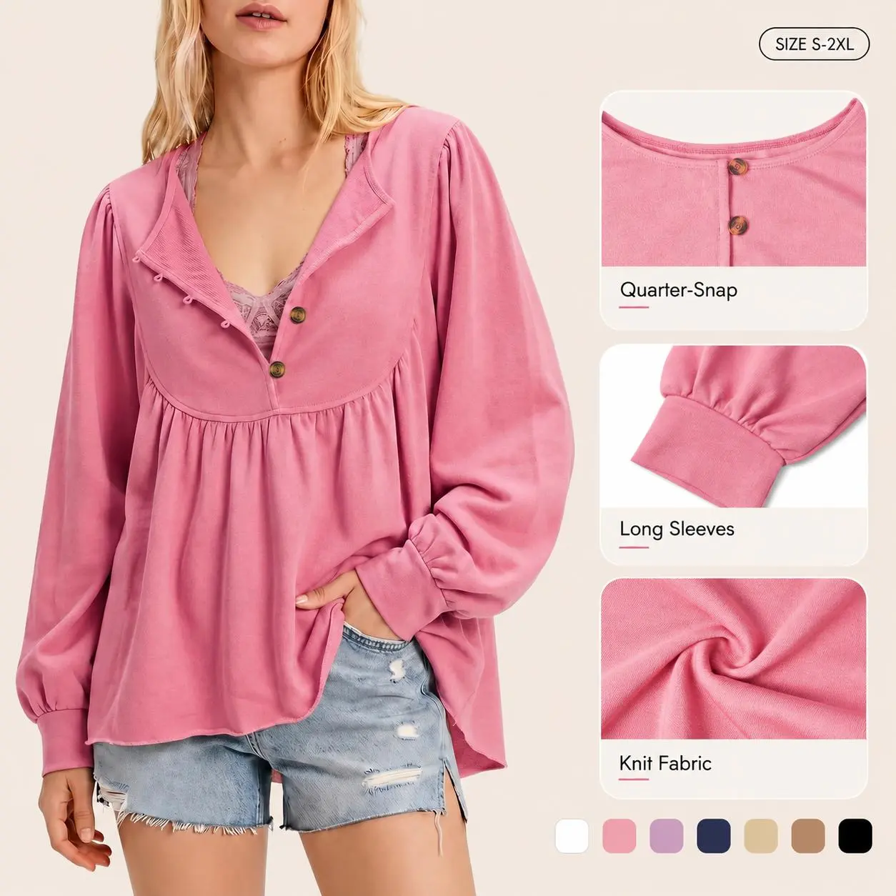 Imily Bela Women's Boho V Neck Button Down Lantern Sleeve Top Casual Loose Fit Flowy Pleated Babydoll Blouses