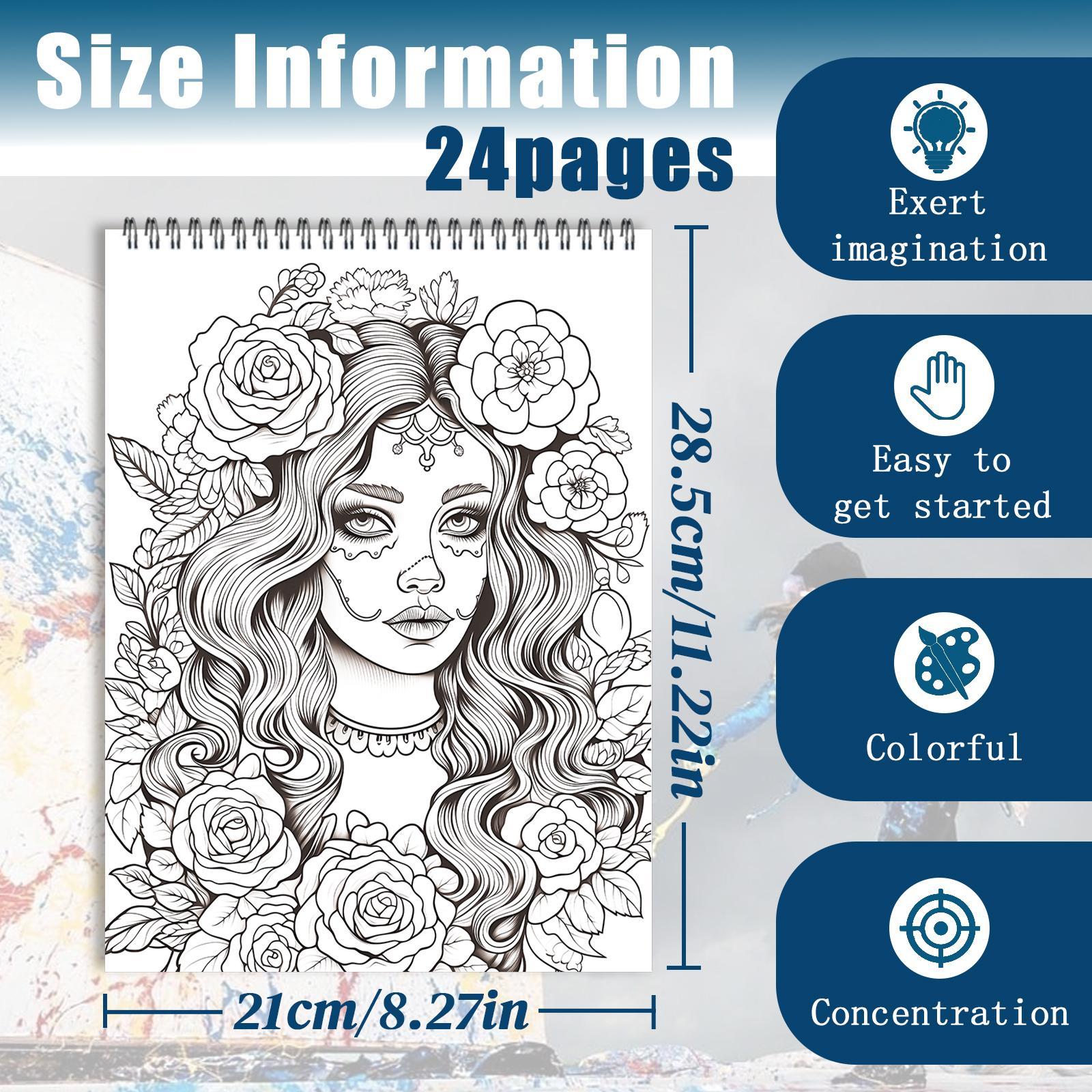 Sugar Skull Coloring Book, 24 Pages Thick A4 Paper, 11.22 X 8.26 Inches, Single Sided, Yo Spiral Binding, Perfect Gift for Holidays Sugar Skull Coloring Book, 24 Pages Thick A4 Paper, 11.22 X 8.26 Inches, Single Sided, Yo Spiral Binding, Perfect Gift for Holidays