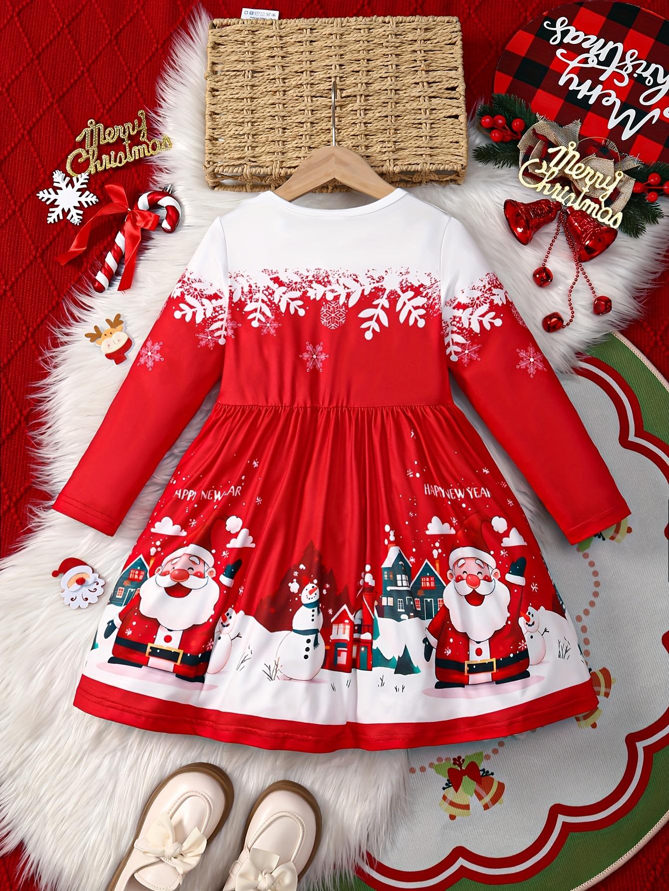 [Girls' Christmas Holiday Dress] Christmas Girls' Holiday Dress |         Long Sleeve, Round Neck, Stretchy Snowflake & Santa Print, Party Style, Polyester Knit, Regular Fit, All-Season