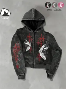 Men’s and women’s versions. Street style. Popular red Gothic pattern and angel print hooded zipper sports shirt with long sleeves. Perfect for streetwear, back-to-school, or returning to school attire. A stylish outfit from the 2000s. Ideal as a gift for